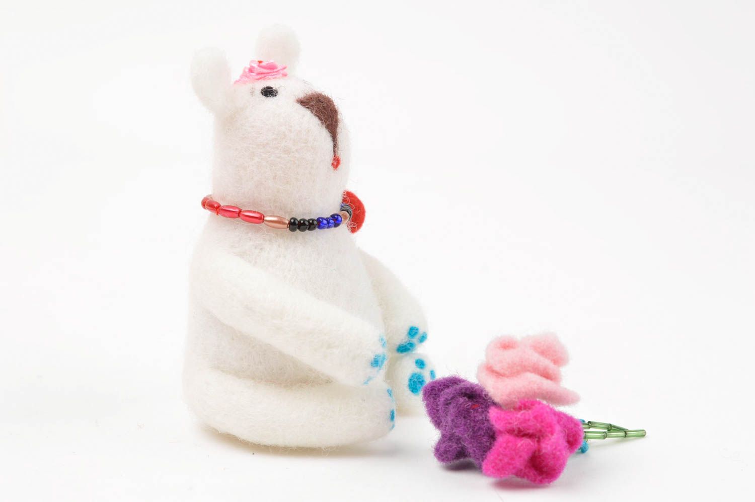 Peluche décorative fait main Jouet en laine Cadeau enfant Ours fille et bouquet photo 3