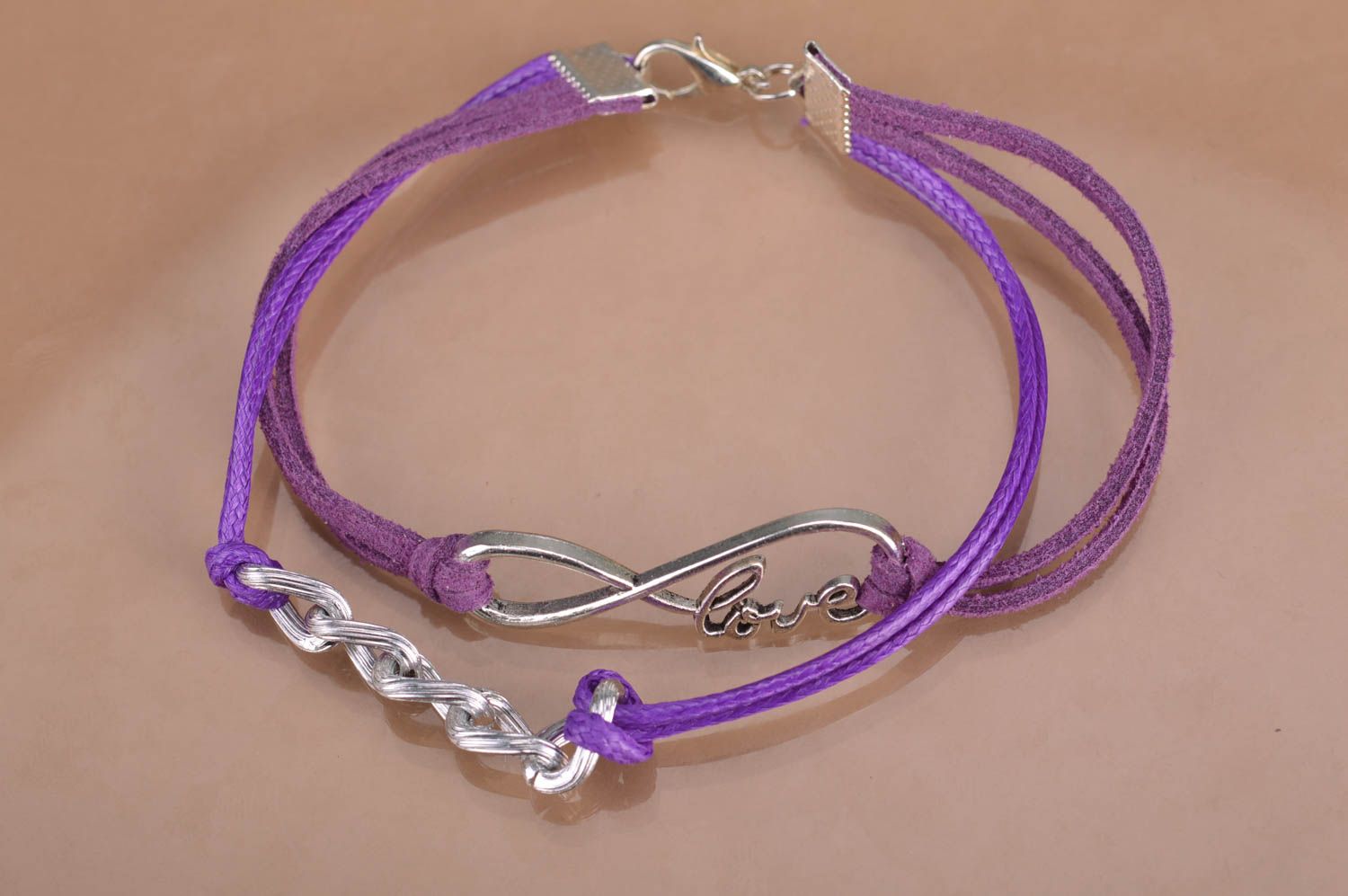 Handmade multi row laconic suede cord wrist bracelet with metal insert violet photo 2