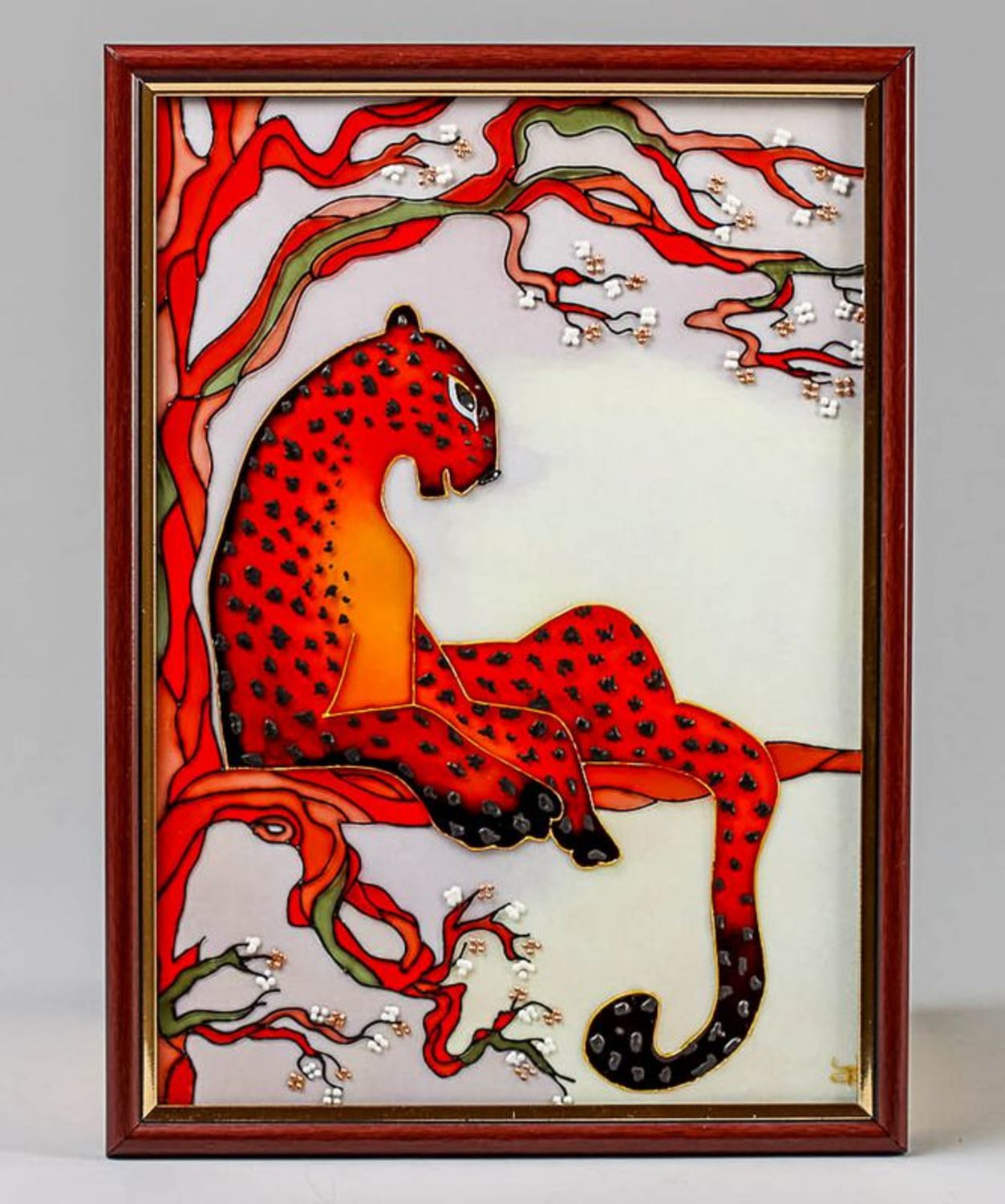 La pintura de vidriera en el marco de madera Leopardo foto 3