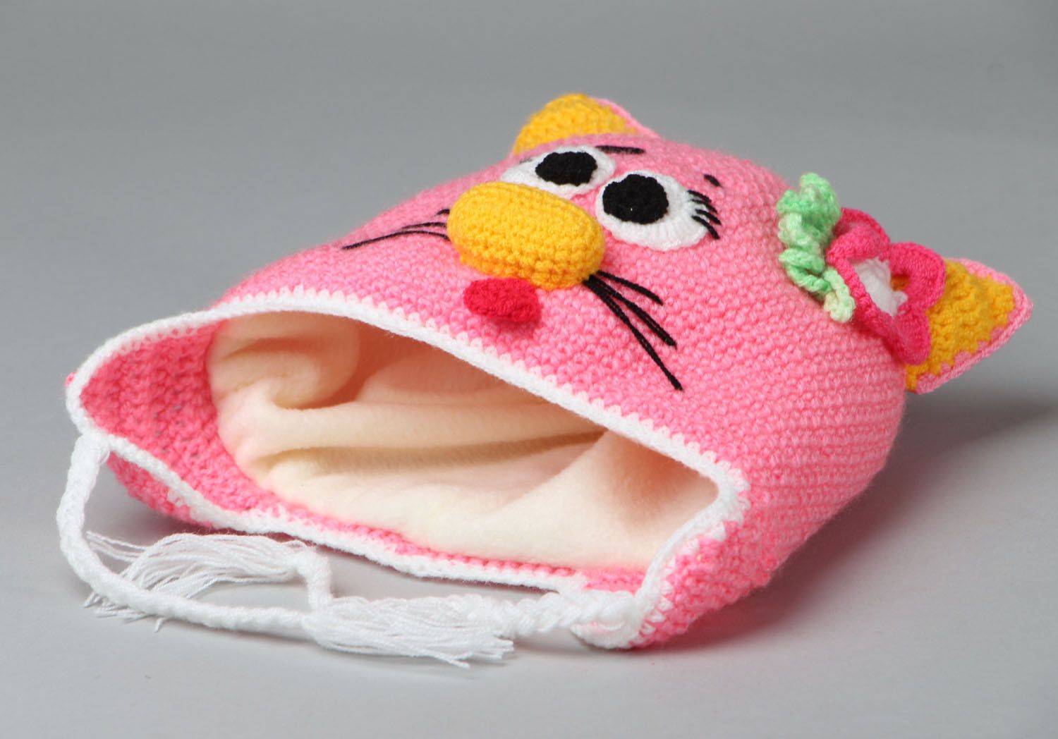 Bonnet chat rose tricoté à la main photo 3