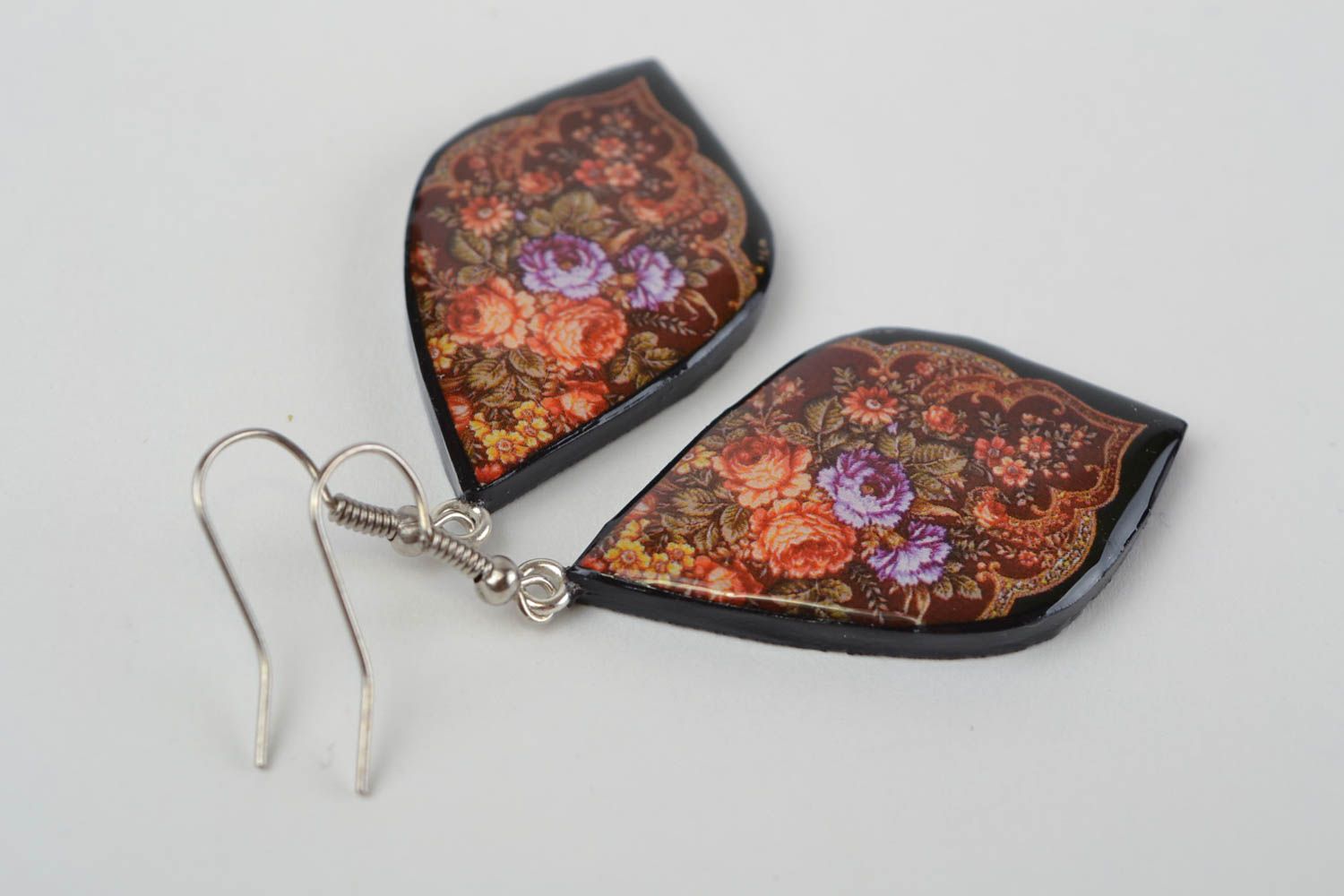 Pendientes originales de arcilla polimérica artesanales con flores de decoupage foto 5