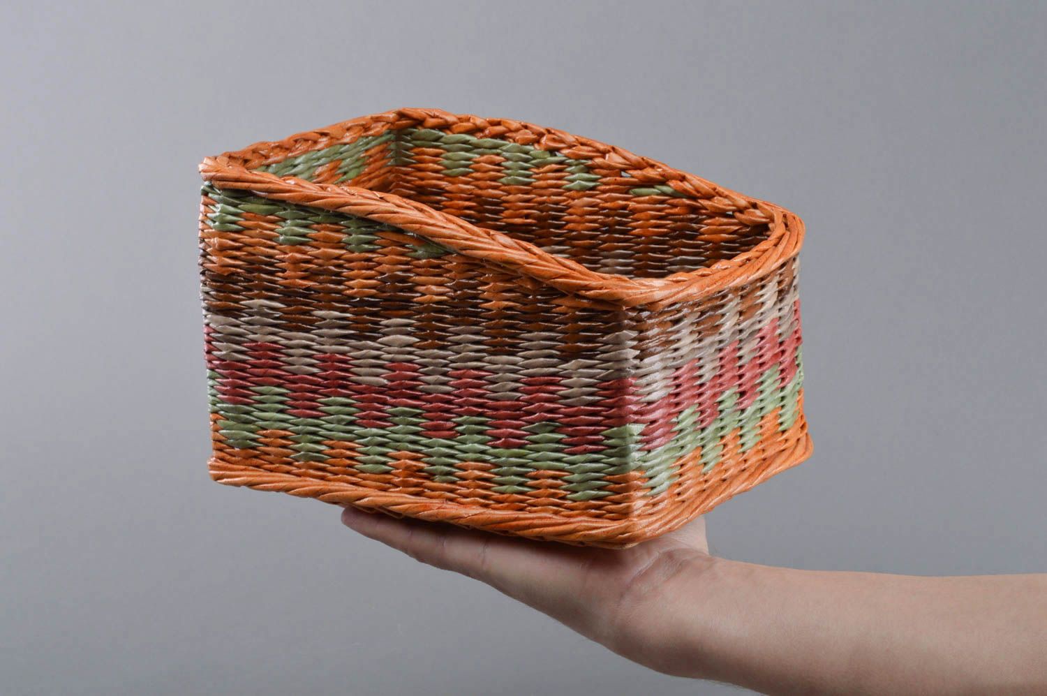 Handmade designer bright colorful decorative basket woven of paper tubes photo 4