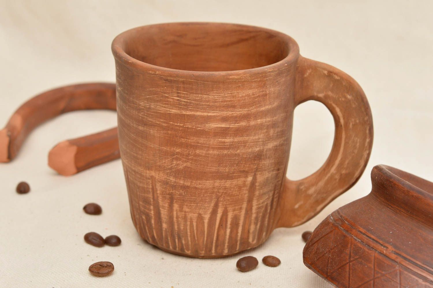 Глиняная чашка оригинальная кружка ручной работы коричневая классическая фото 1