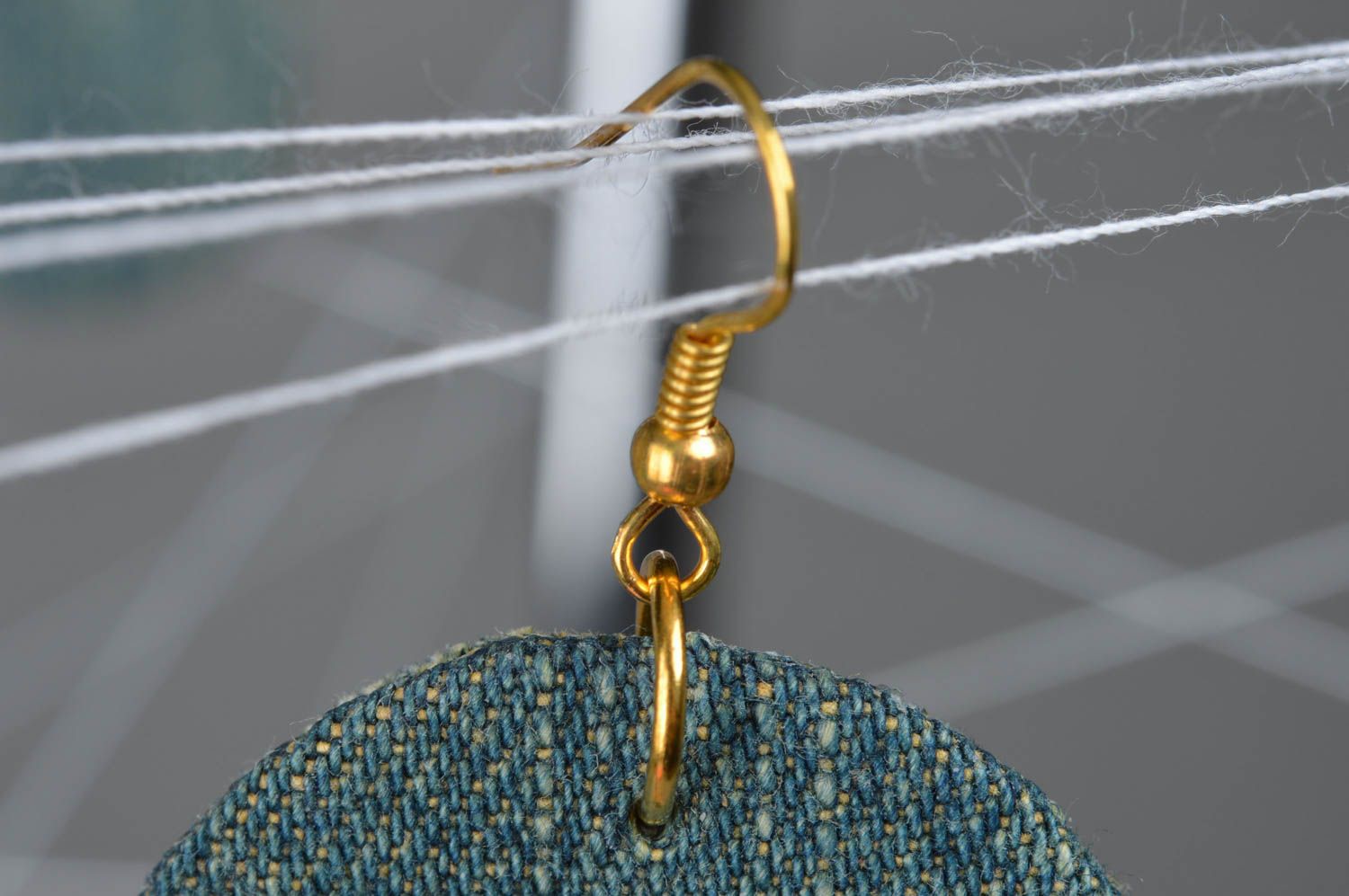 Handmade designer round blue denim fabric dangling earrings on carton basis photo 2