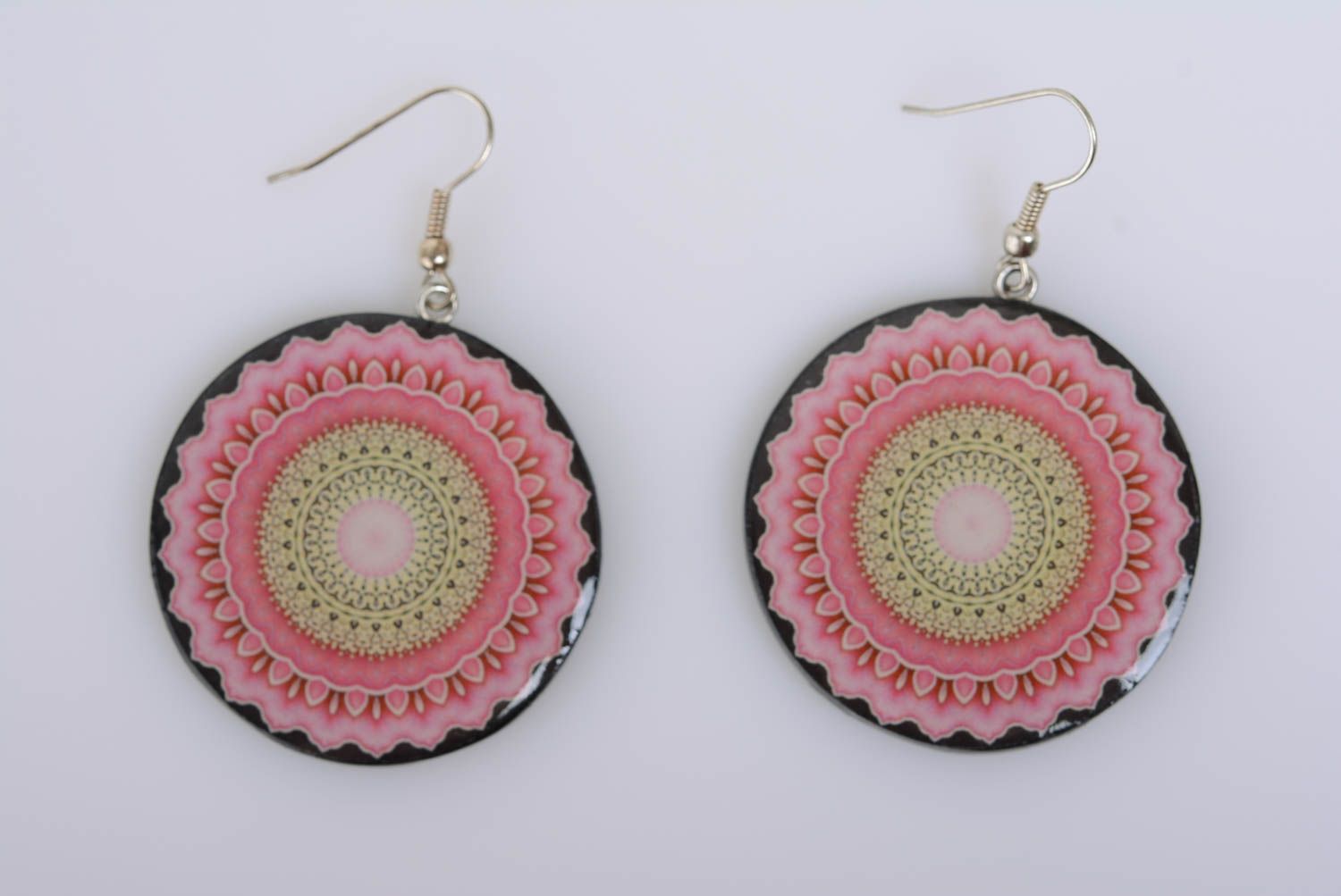 Schöne rosa Damen Ohrringe aus Polymerton in Decoupage Technik handgemacht foto 5