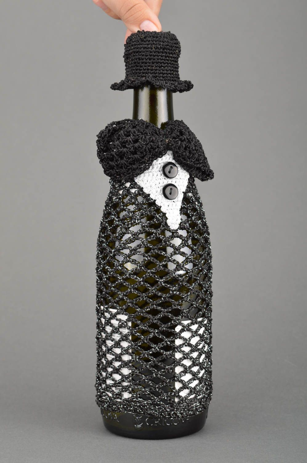 Handmade designer decorative bottle cozy crocheted black acrylic jacket and hat photo 3