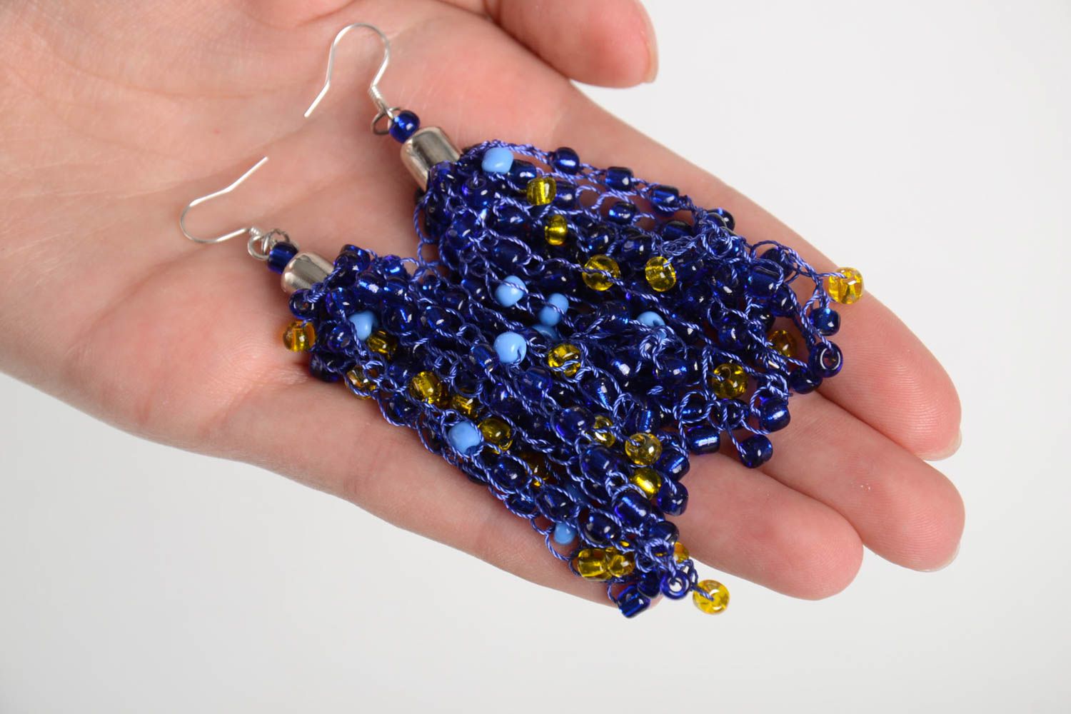 Синие серьги ручной работы модные серьги длинные бисерные серьги вечерние фото 2