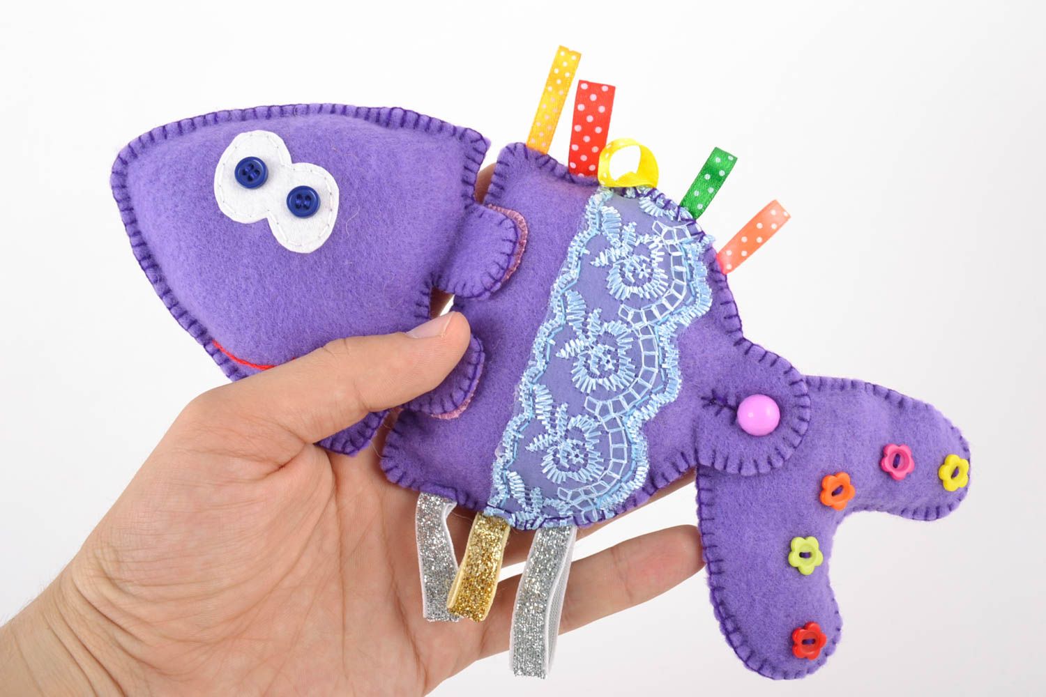Bright violet handmade educational felt toy in the shape of unusual fish photo 5