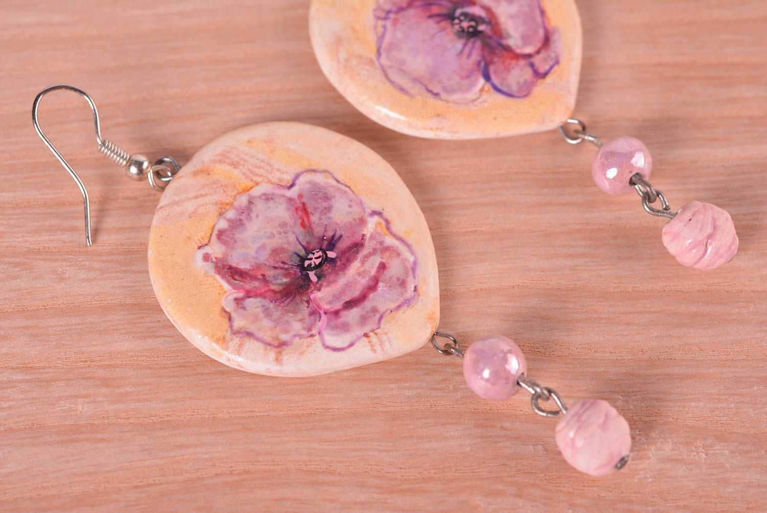 Jewelry handmade earrings long earrings with painted flowers designer gift photo 1