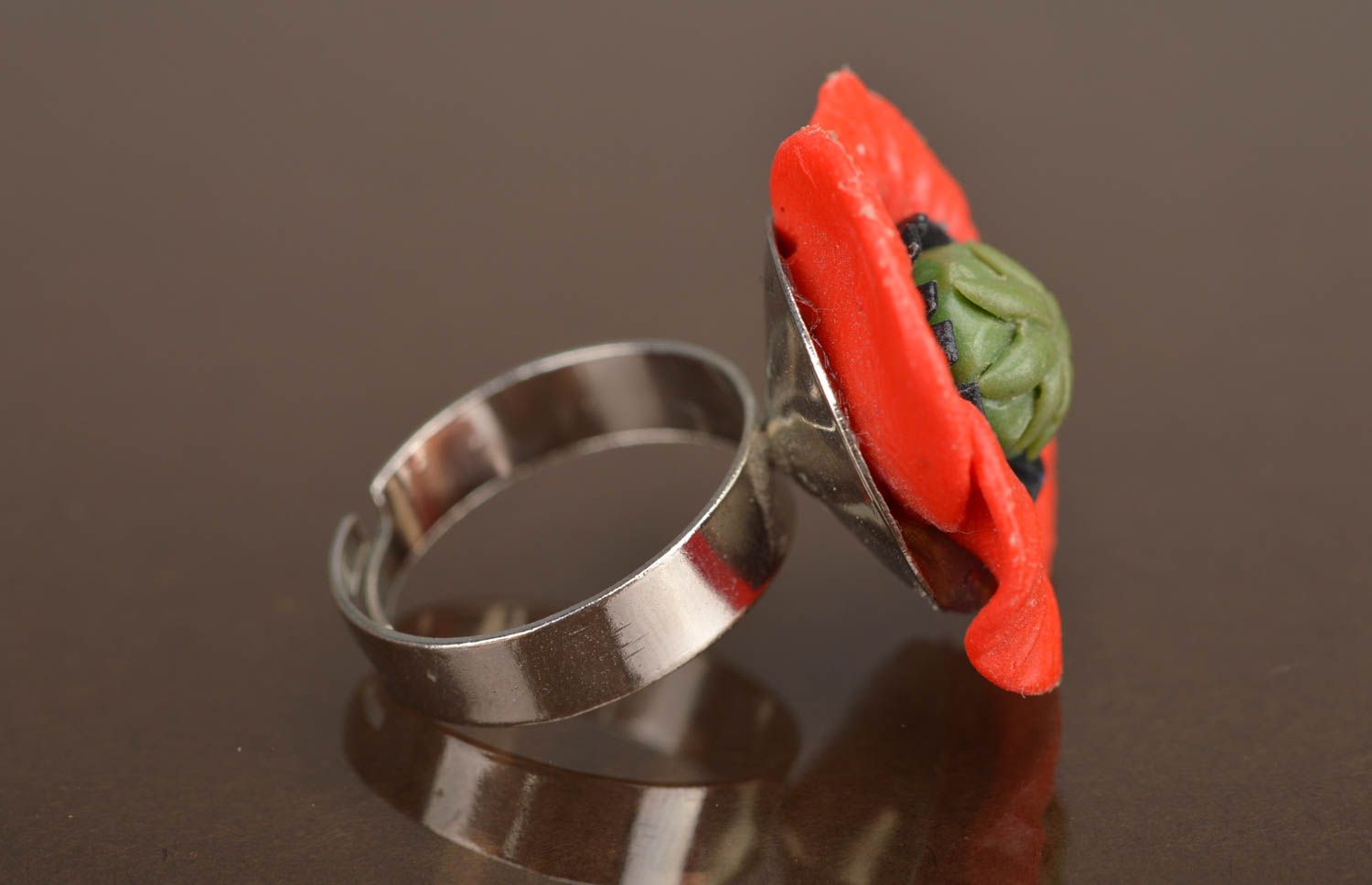 Handmade extravagant metal-based ring made of polymer clay in form of red poppy photo 3