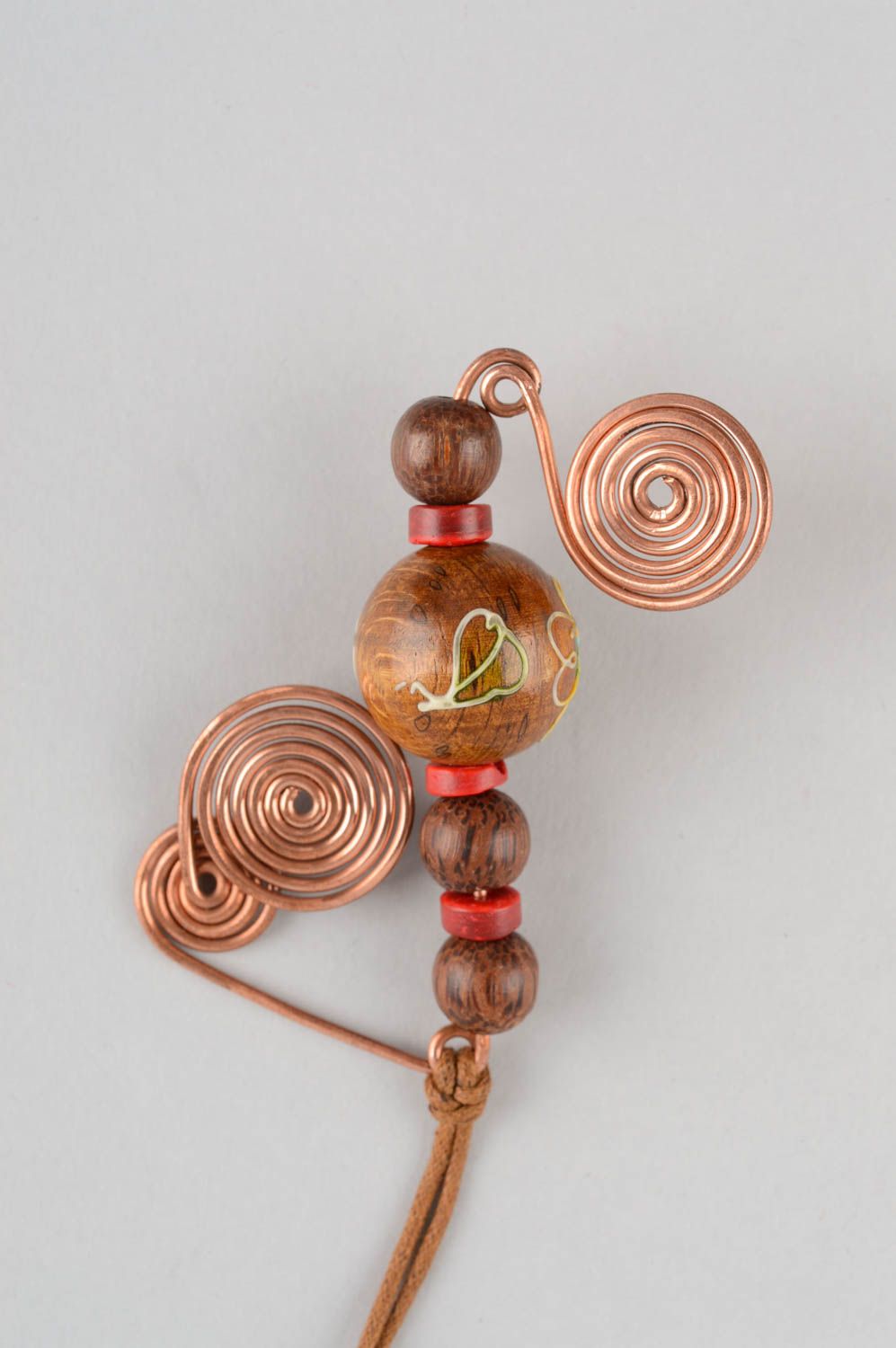 Handmade designer copper wire pendant with wooden beads on cord women accessory photo 3
