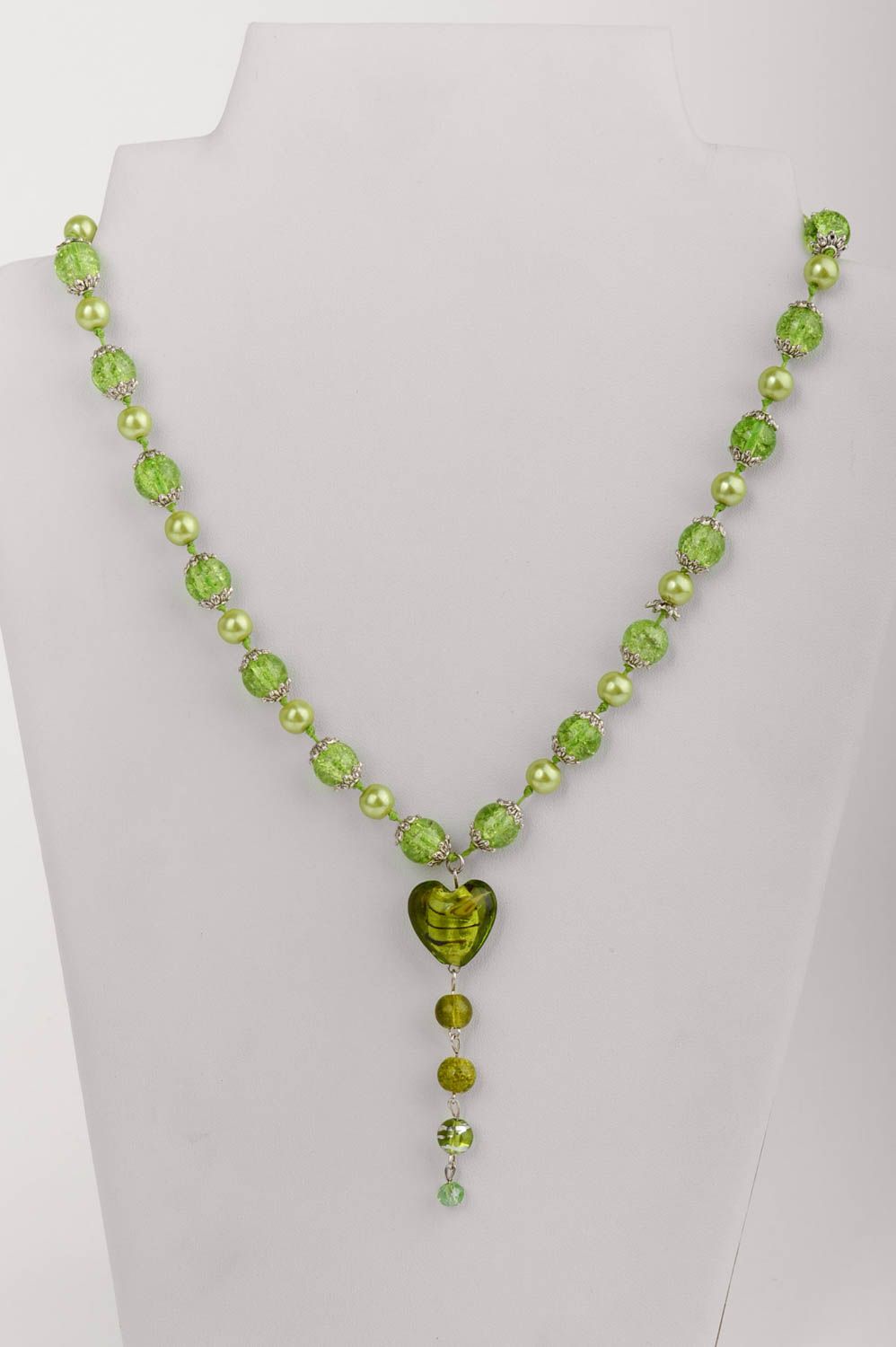 Handmade designer long necklace with green glass beads and ceramic pearls  photo 1