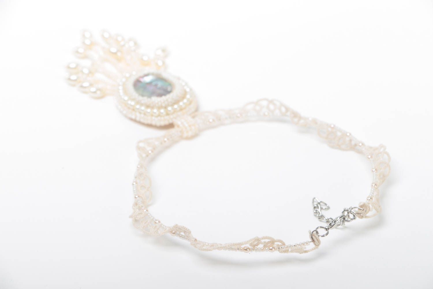 Handmade openwork necklace beaded cotton jewelry white beautiful accessory photo 4