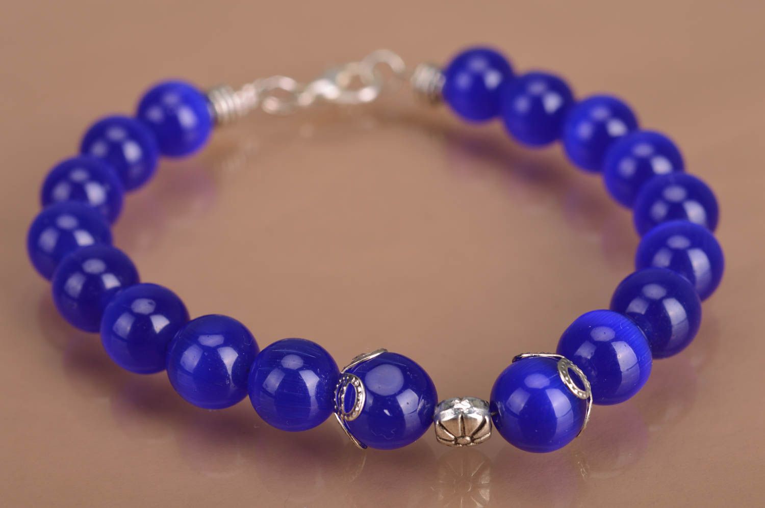 Handmade glass bead wrist bracelet of blue color for women designer laconic photo 4