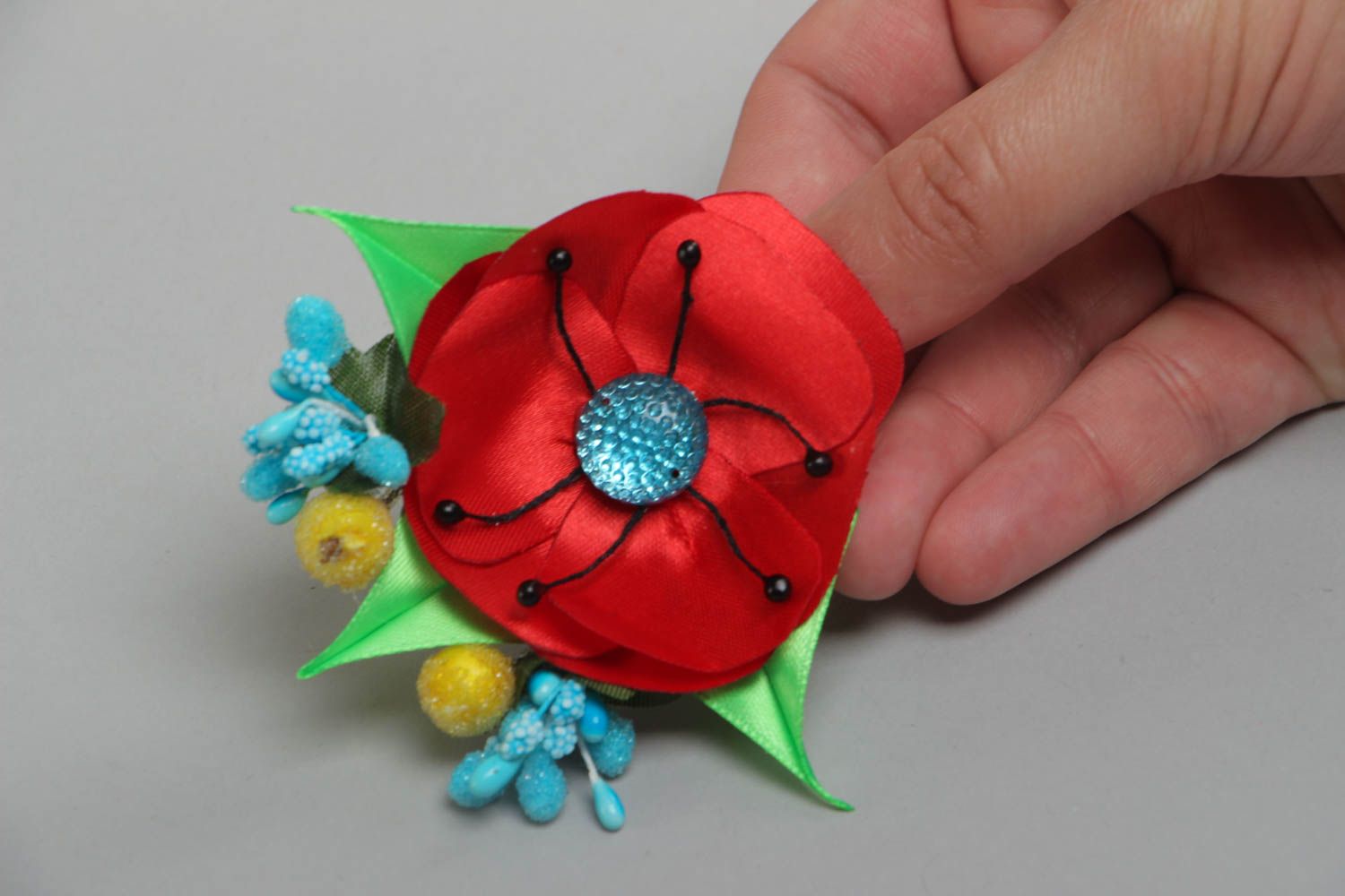 Handcrafted unique bobby pin made of satin ribbon in the form of the red poppy photo 5