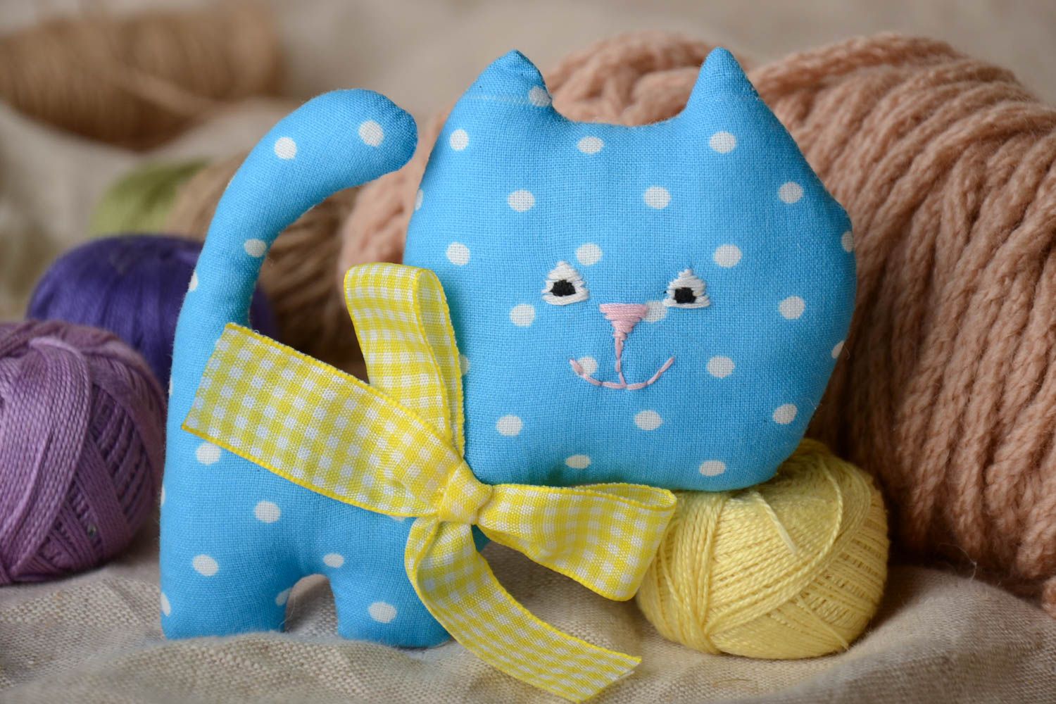 Handmade toy is sewn in the form of a blue cat present for little children photo 1
