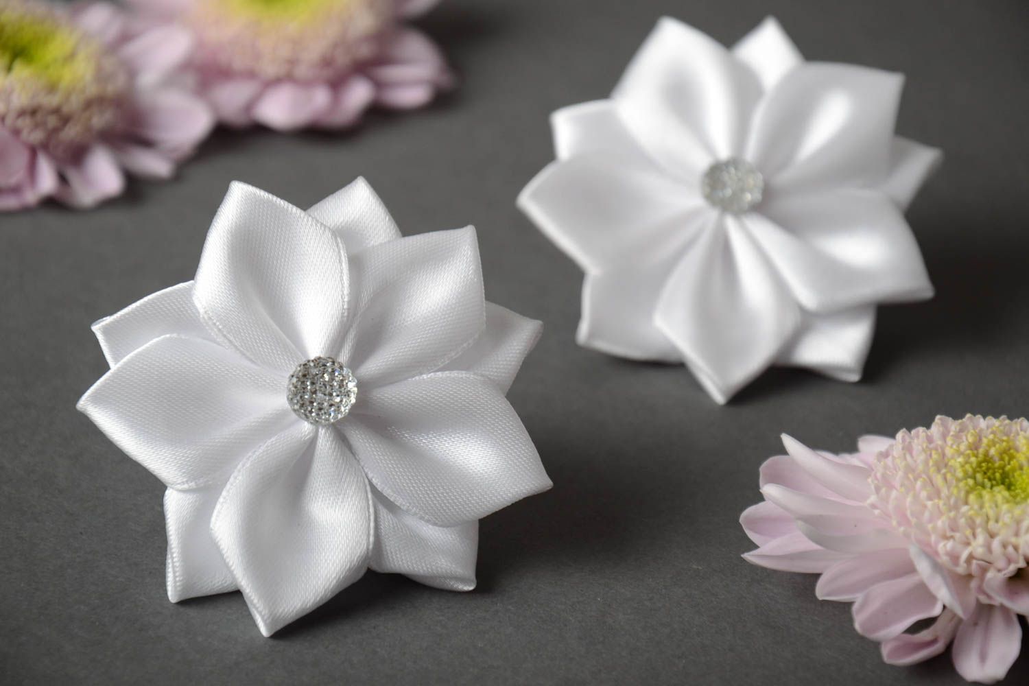 Set of 2 designer festive hair ties with handmade white ribbon kanzashi flowers photo 1