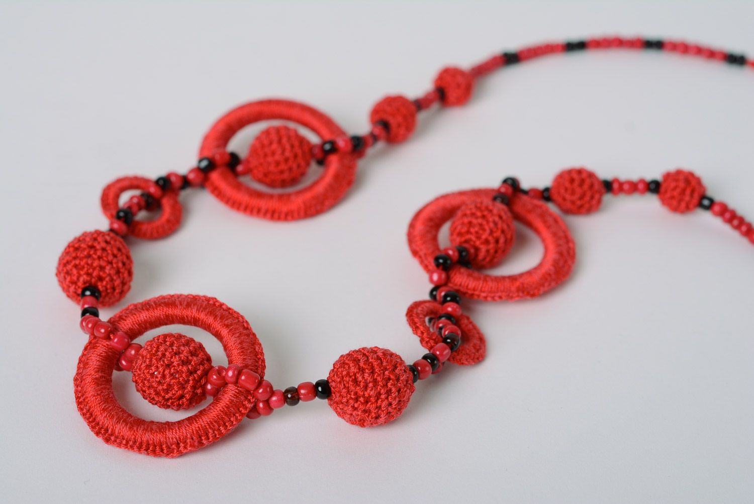 Festive handmade necklace crocheted of red cotton threads for women photo 4