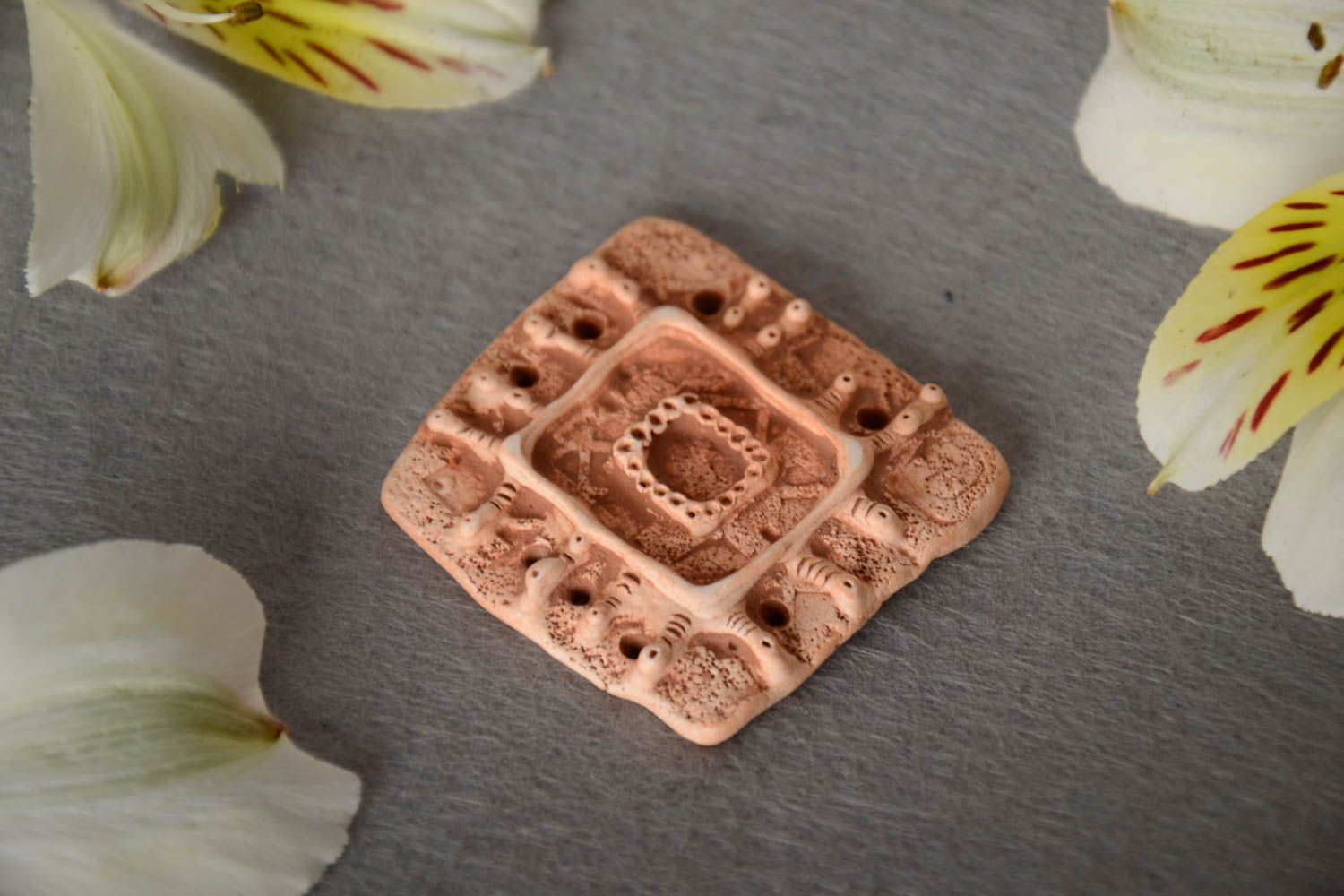 Handmade ceramic jewelry component with relief pattern for necklace making photo 1