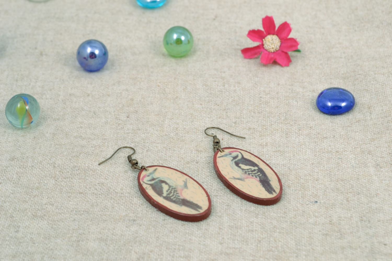 Handmade wooden earrings with drawing photo 1
