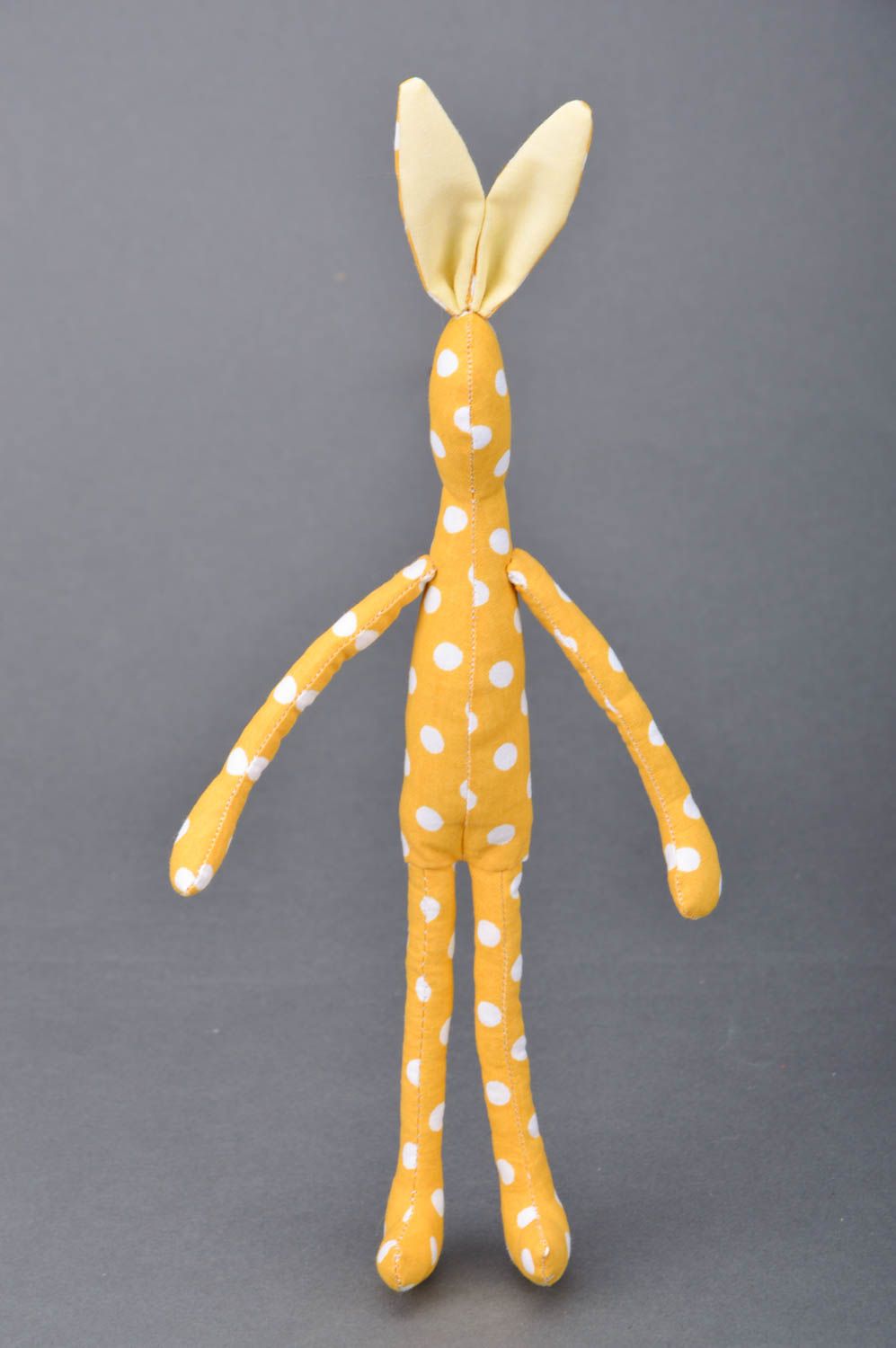 Handmade soft toy long rabbit yellow with white polka dots made of cotton fabric  photo 2