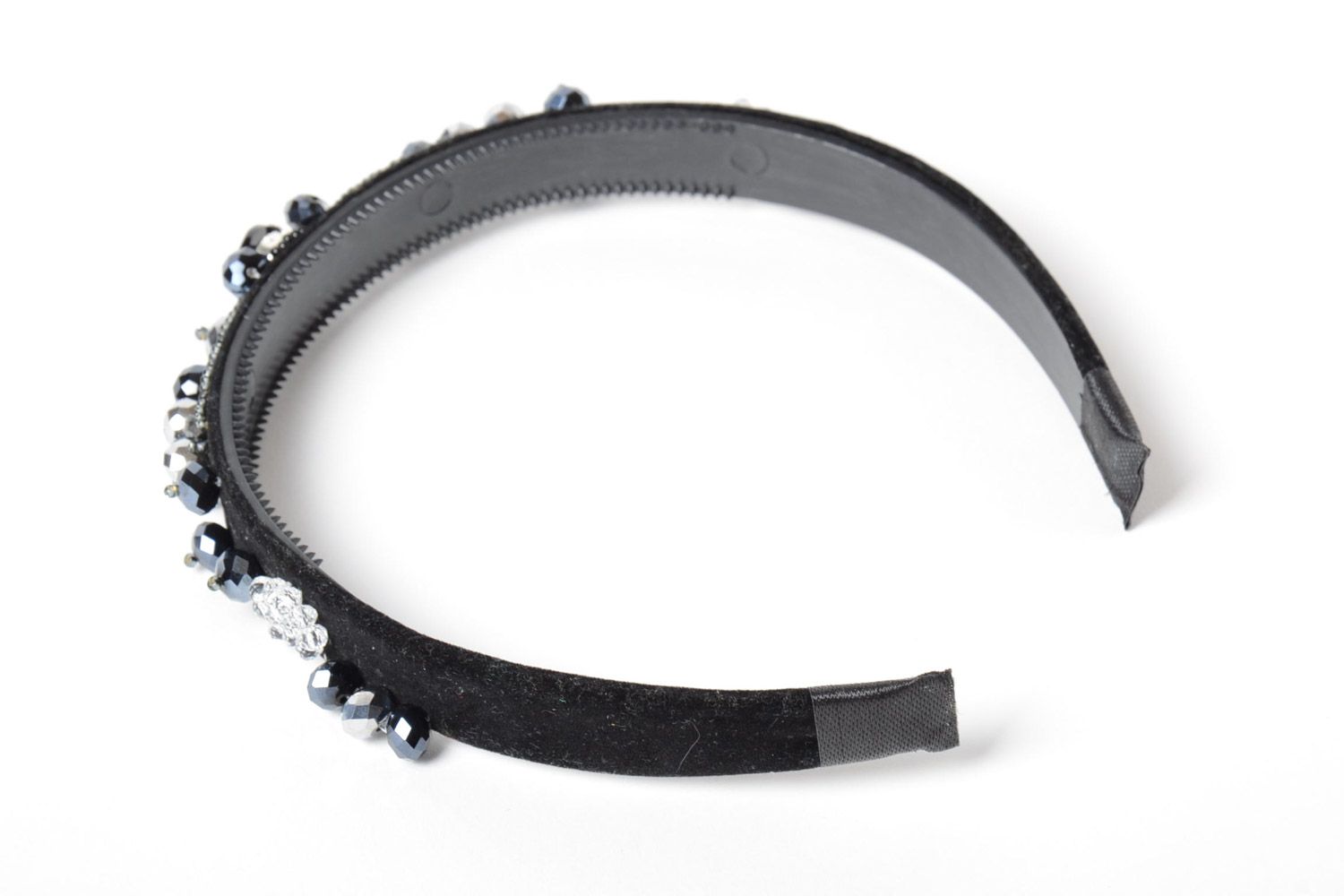 Handmade black evening velvet headband with beads photo 4