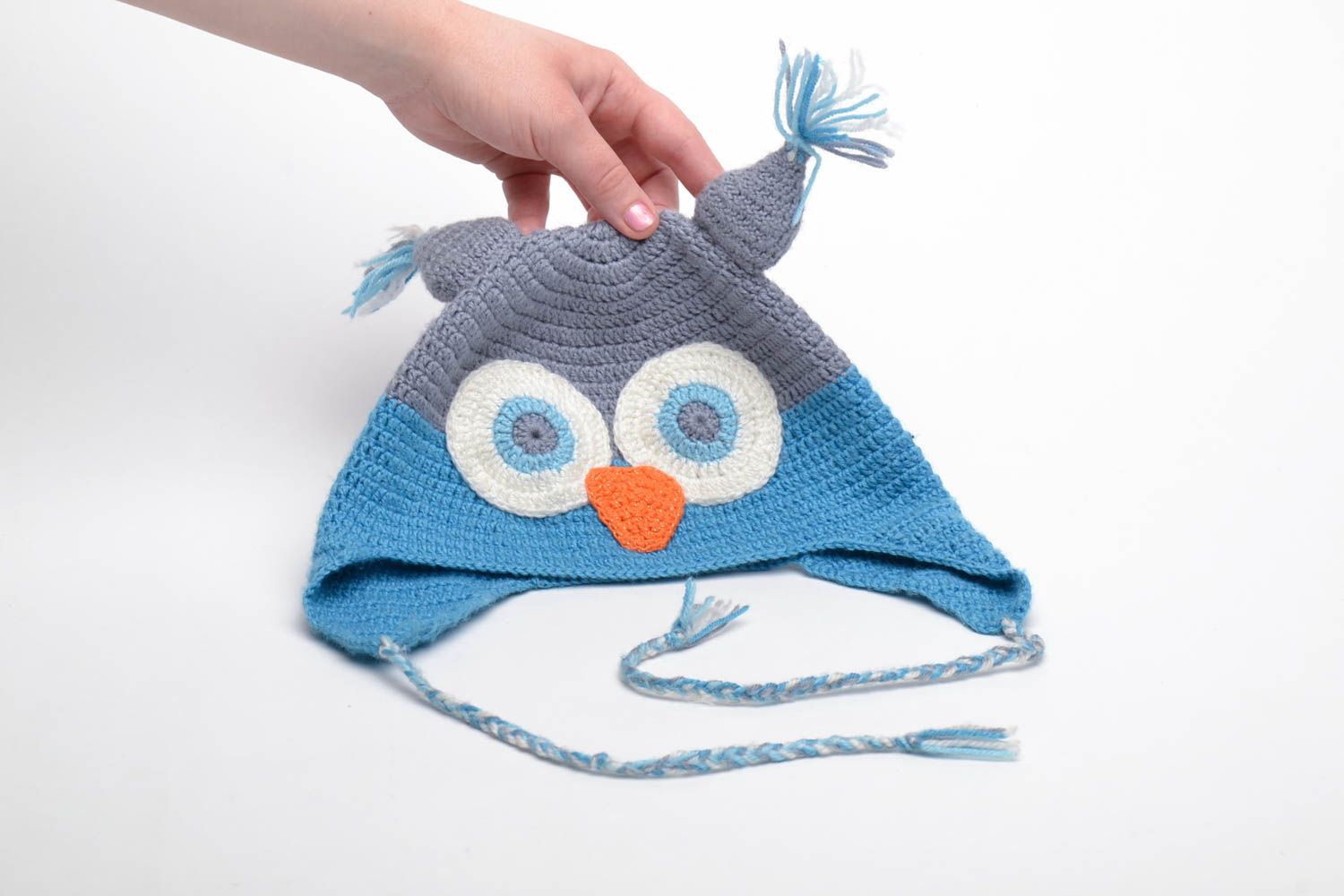 Bonnet tricoté à la main bleu en forme de hibou fait main original pour enfant photo 5