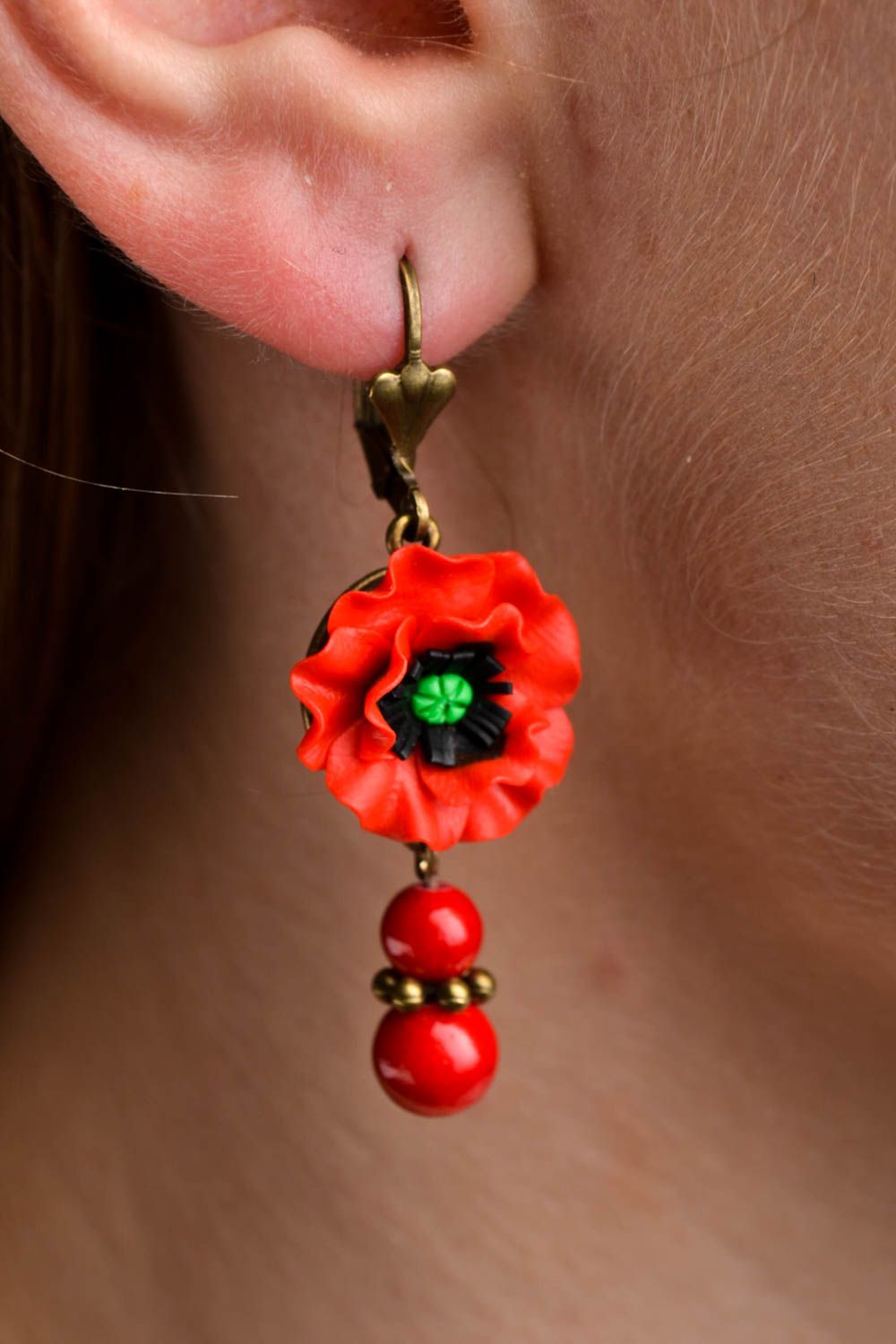 Lange Modeschmuck Ohrhänger handmade Blumen Ohrringe Designer Schmuck in Rot foto 1