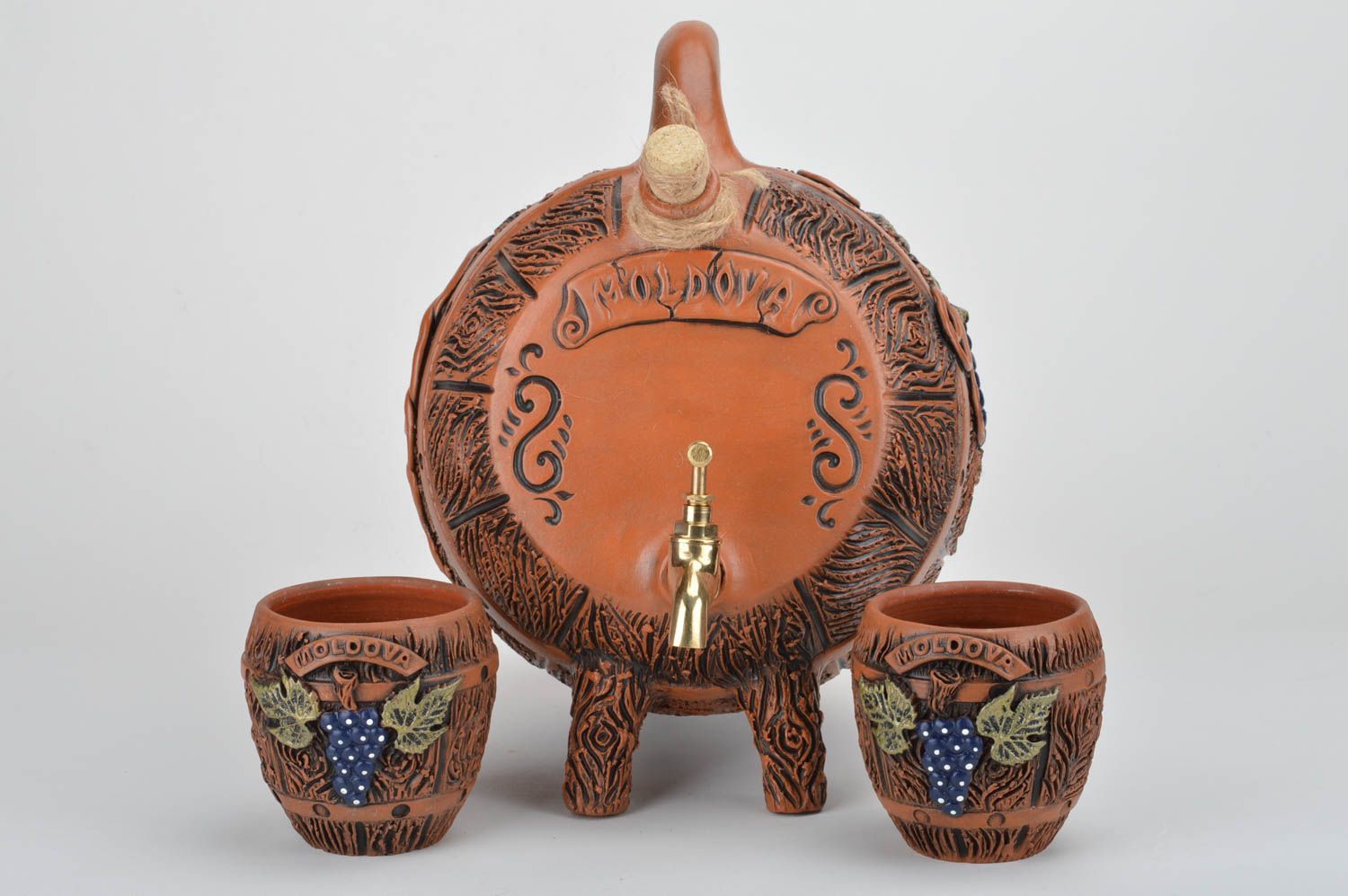 Handmade decorative ceramic wine barrel and 2 shot glasses set of 3 pieces photo 4