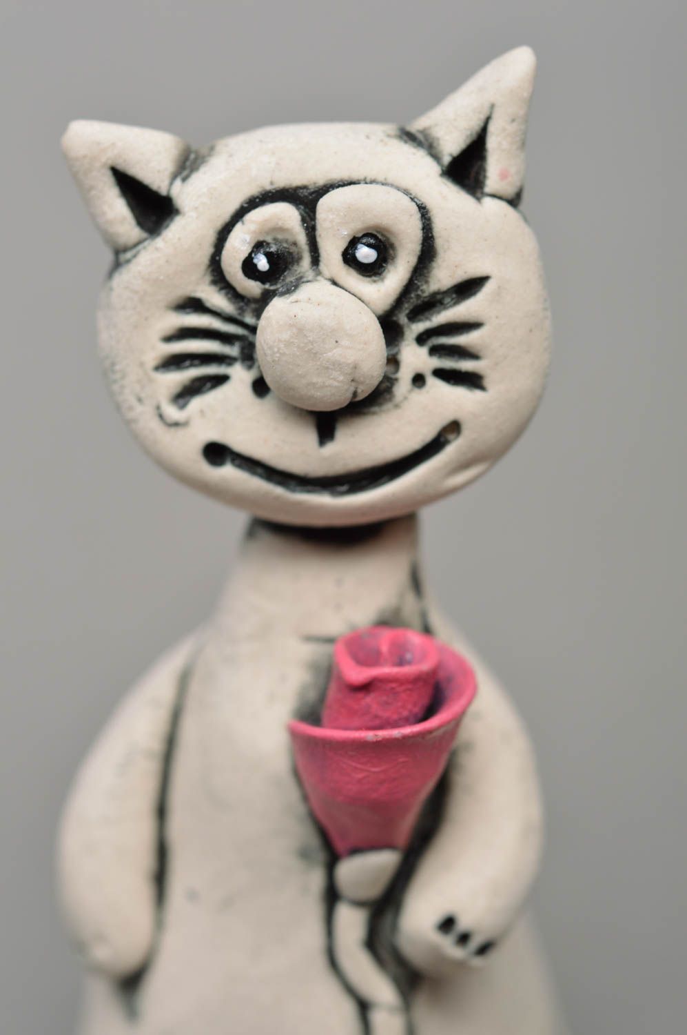 Handmade porcelain figurine painted with glaze and acrylics Cat with Rose photo 2