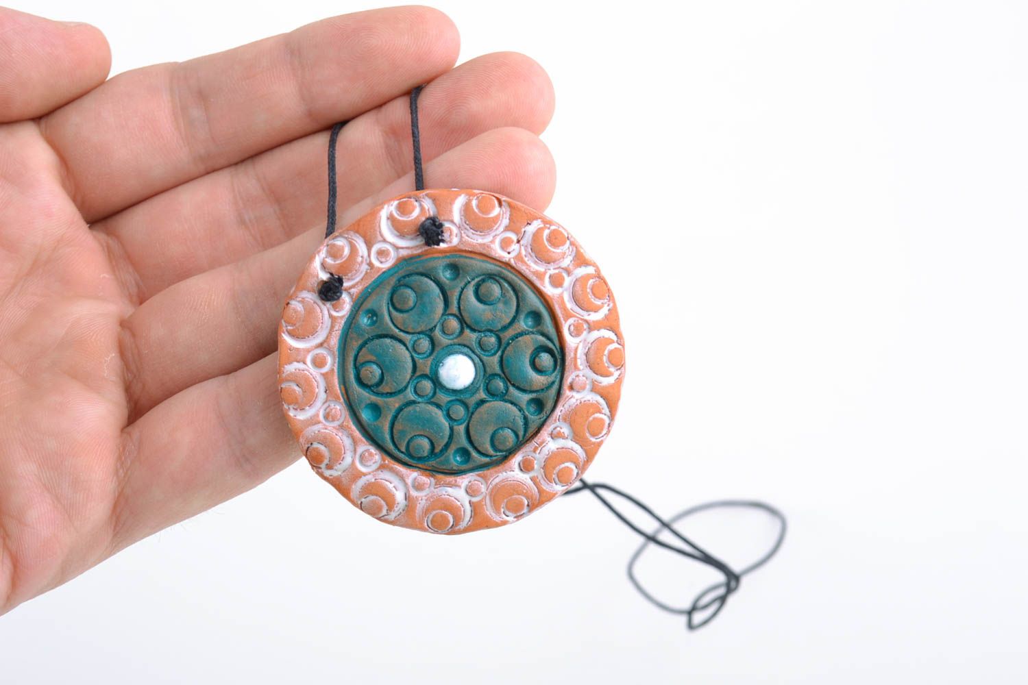 Handmade designer round ceramic pendant necklace painted with acrylics  photo 2