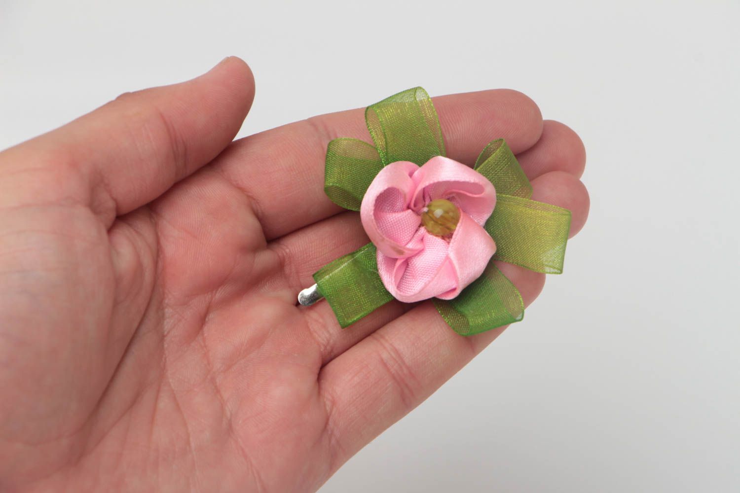 Hairpin made of satin ribbons pink flower handmade designer hair accessory photo 5