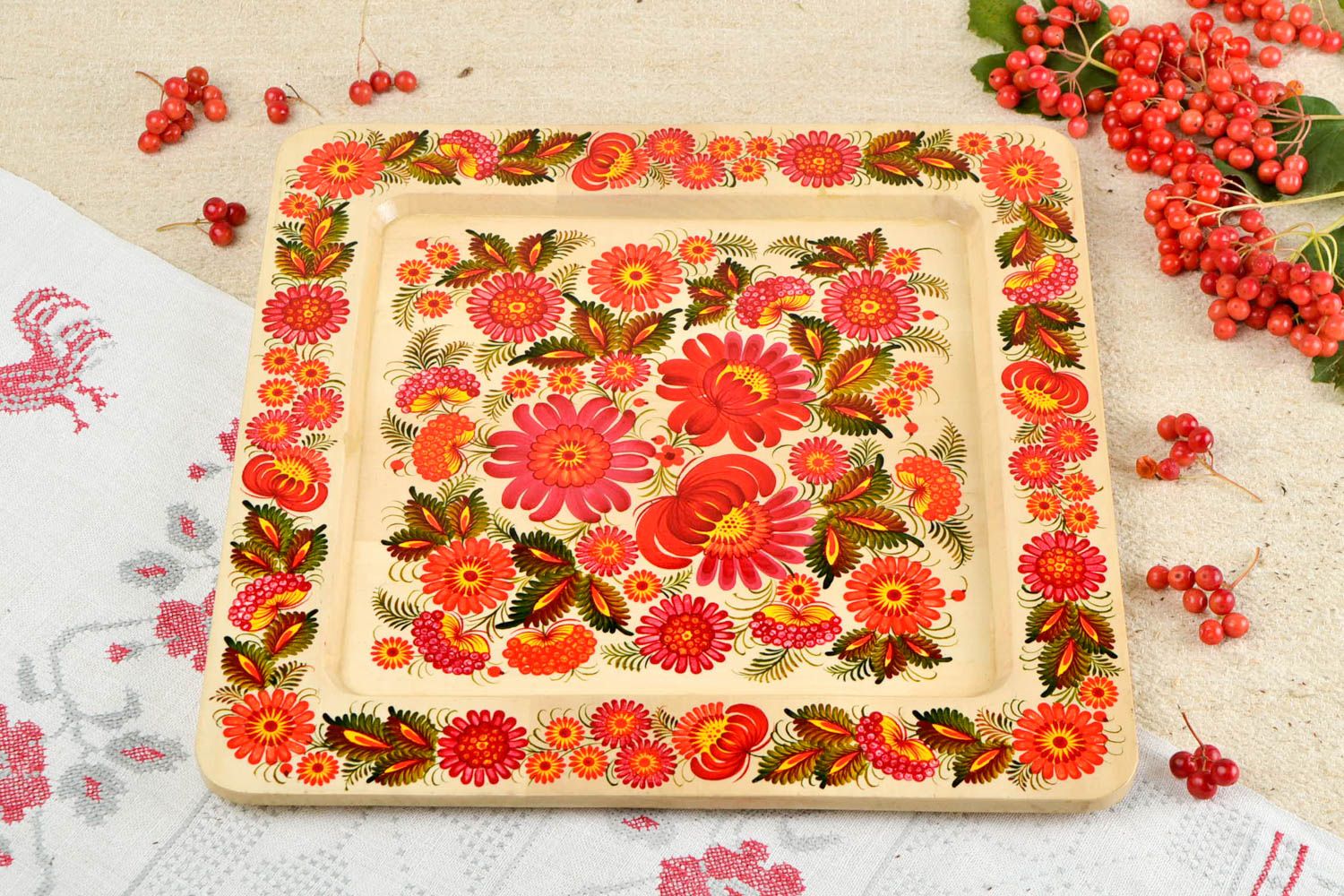 Assiette murale décorative faite main carrée en bois à motif floral Déco maison photo 1