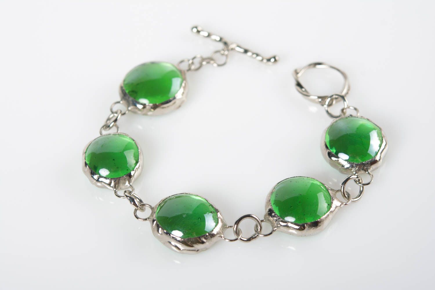 Bracelet fait main en verre et métal technique du vitrail accessoire vert photo 1