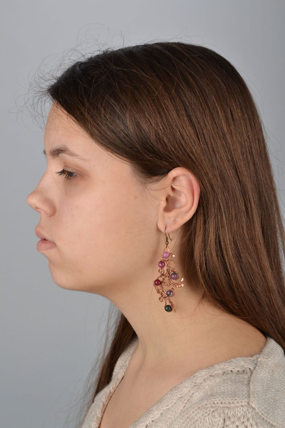 Copper earrings with tourmaline stone photo 5