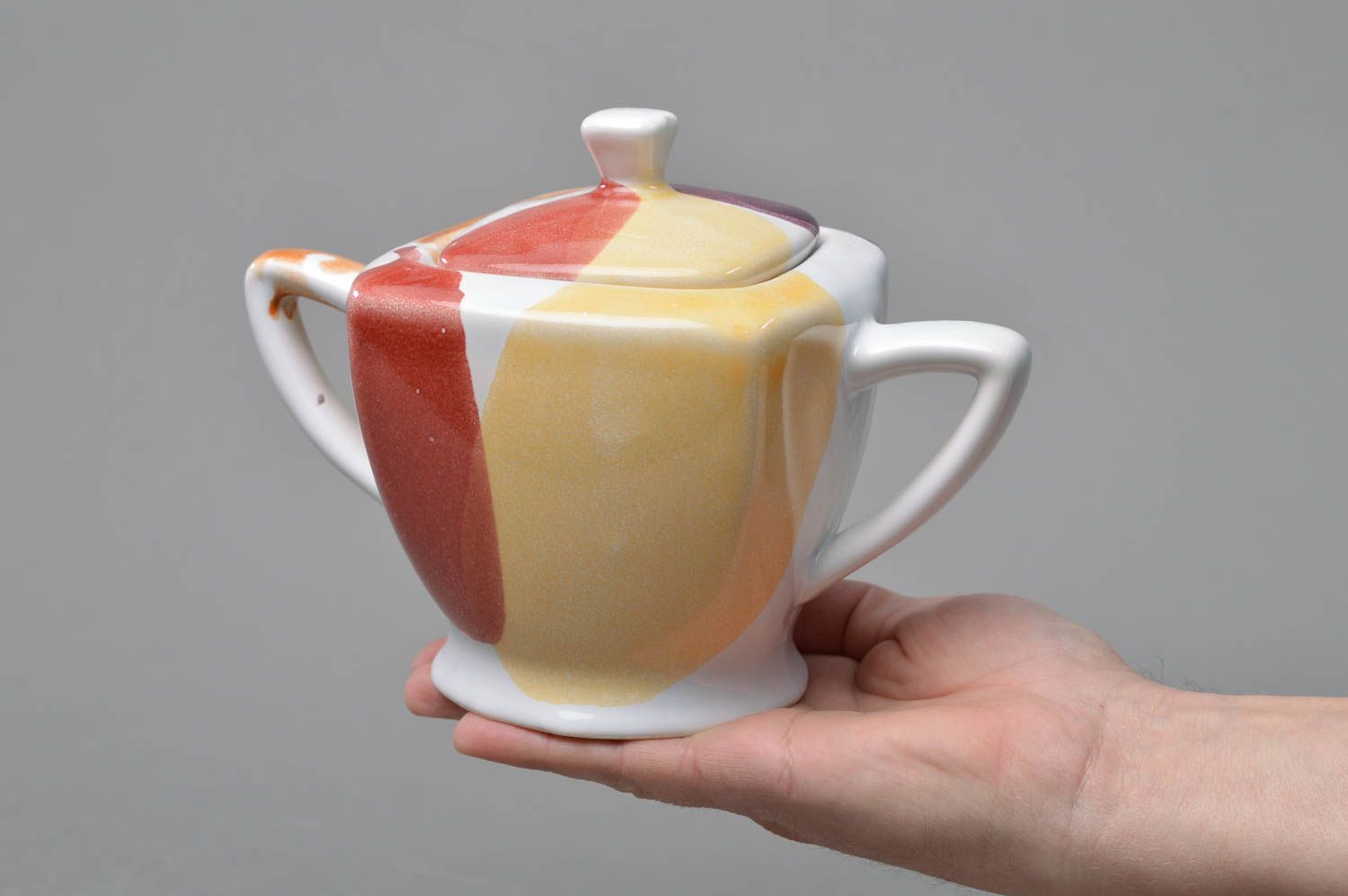 Azucarera de porcelana hecha a mano pintada con esmaltes multicolores con tapa foto 3