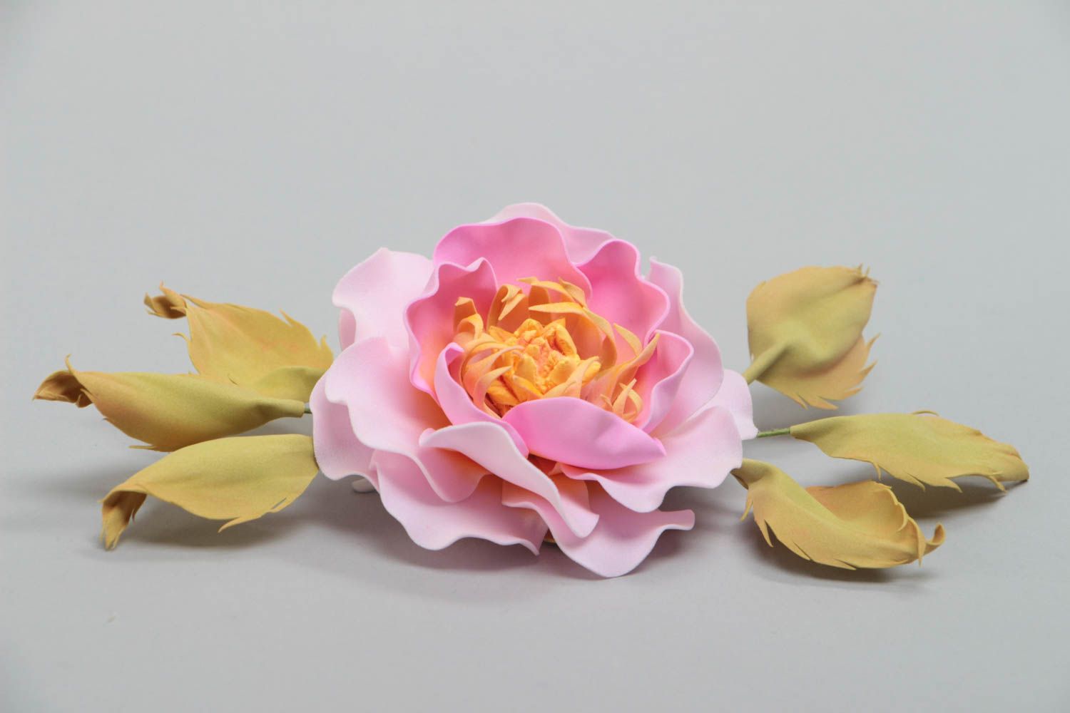 Handmade decorative hair clip with volume foamiran flower of pink color photo 3