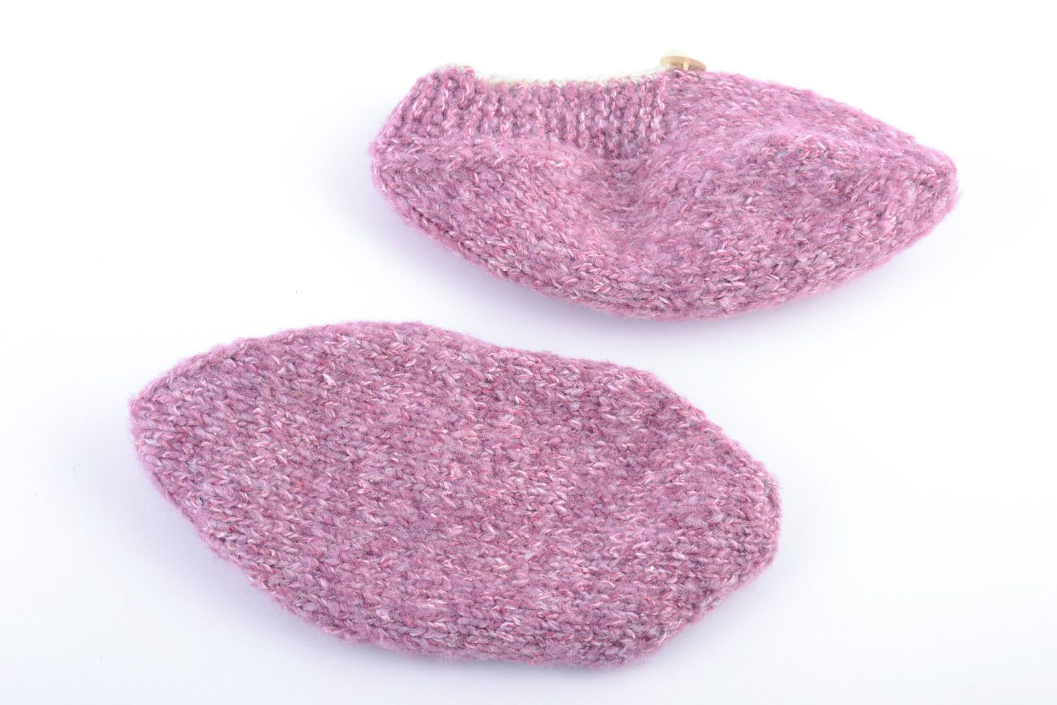 Cute warm violet handmade slippers knitted of semi-woolen yarns for women photo 5