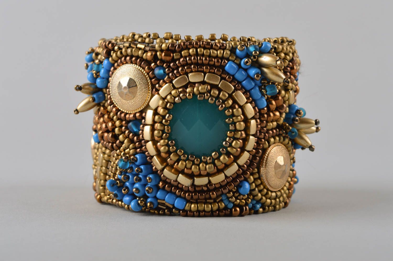 Cuff wide women bracelet decorated with golden beads photo 5