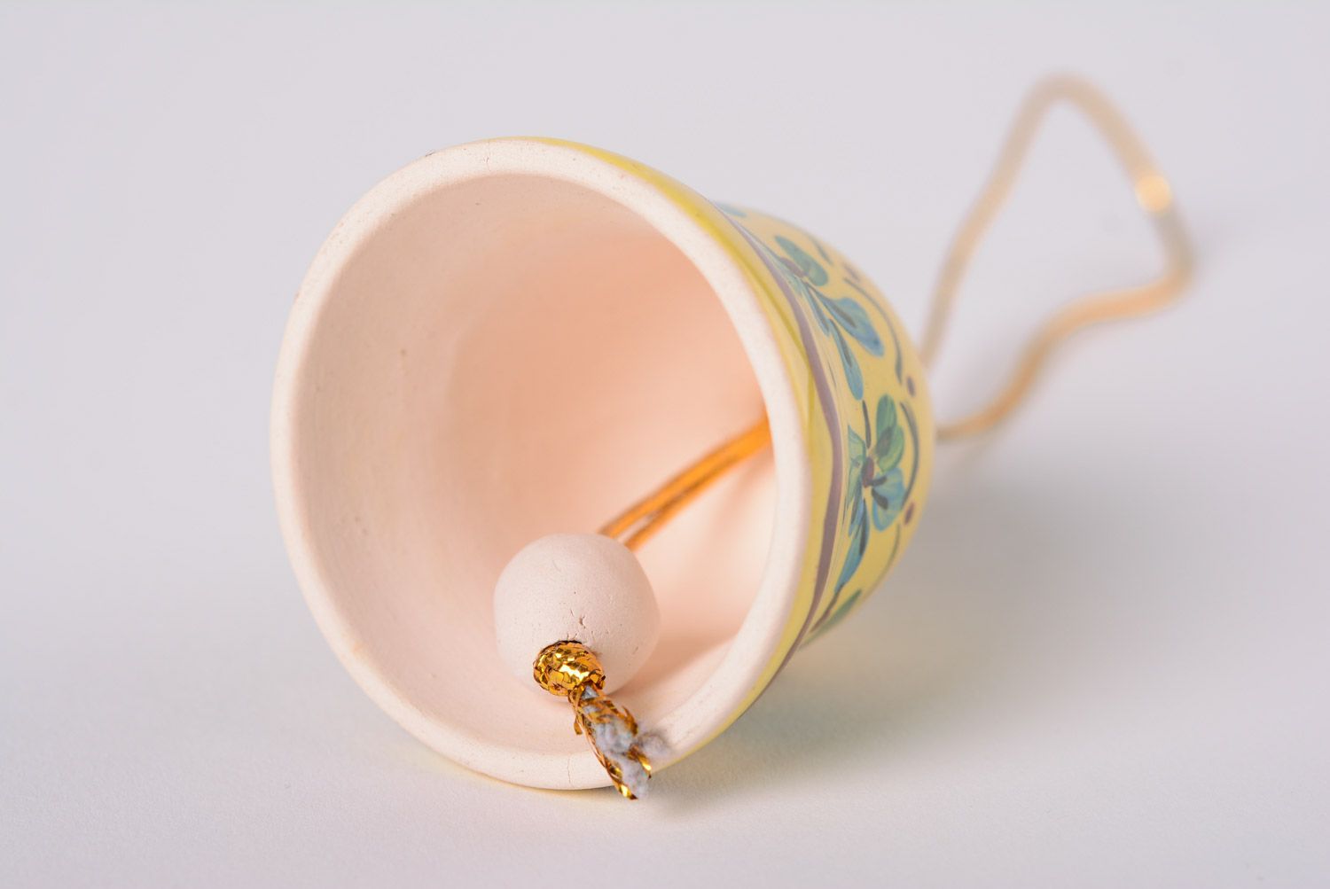 Handmade decorative yellow maiolica ceramic hanging bell painted with glaze photo 4