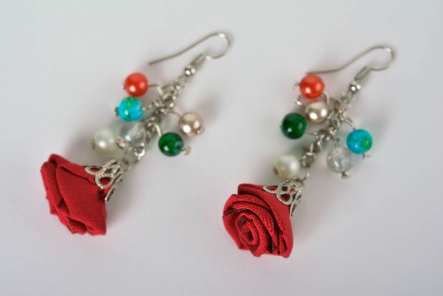 Handmade long earrings stylish flower earrings cute red roses earrings  photo 2
