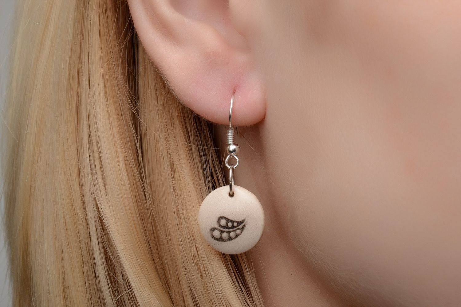 Light beige women's handmade clay round earrings painted with enamels photo 2