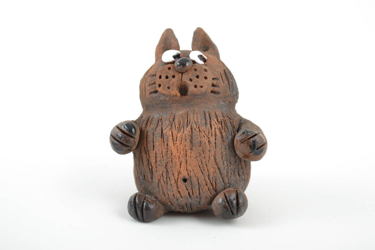 Handmade painted ceramic figurine cat for home decor made of red clay photo 3