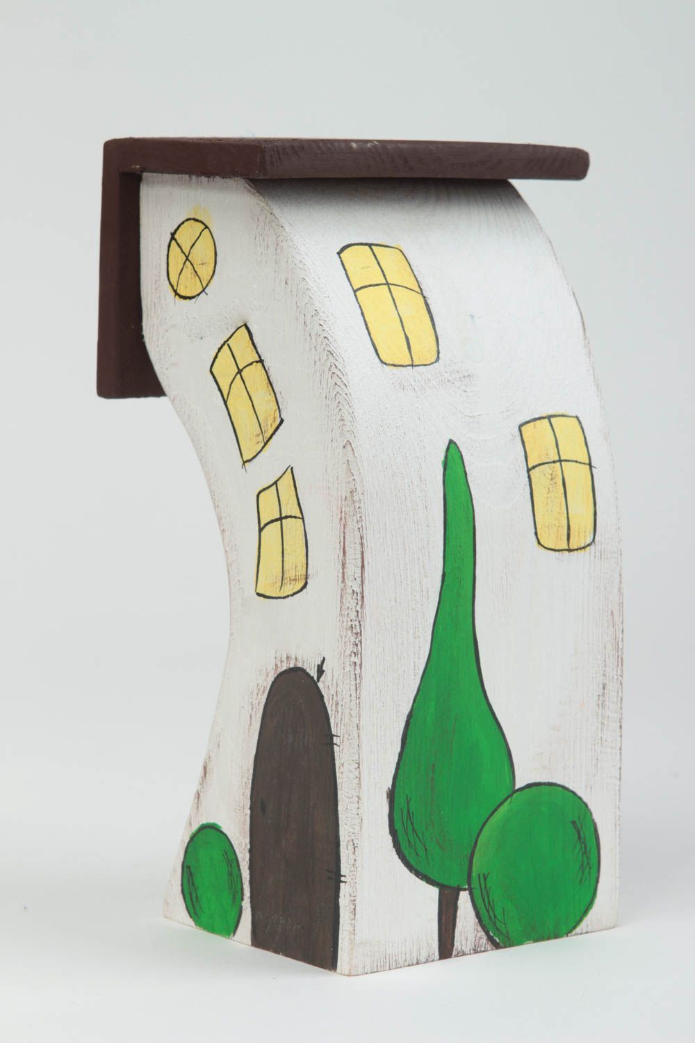 Casita decorativa hecha a mano figura de madera insólita adorno ecológico foto 2