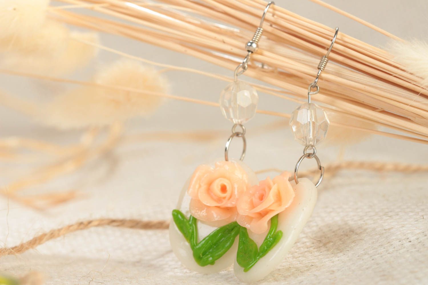 Handmade designer dangling earrings with polymer clay flowers of cream color photo 1