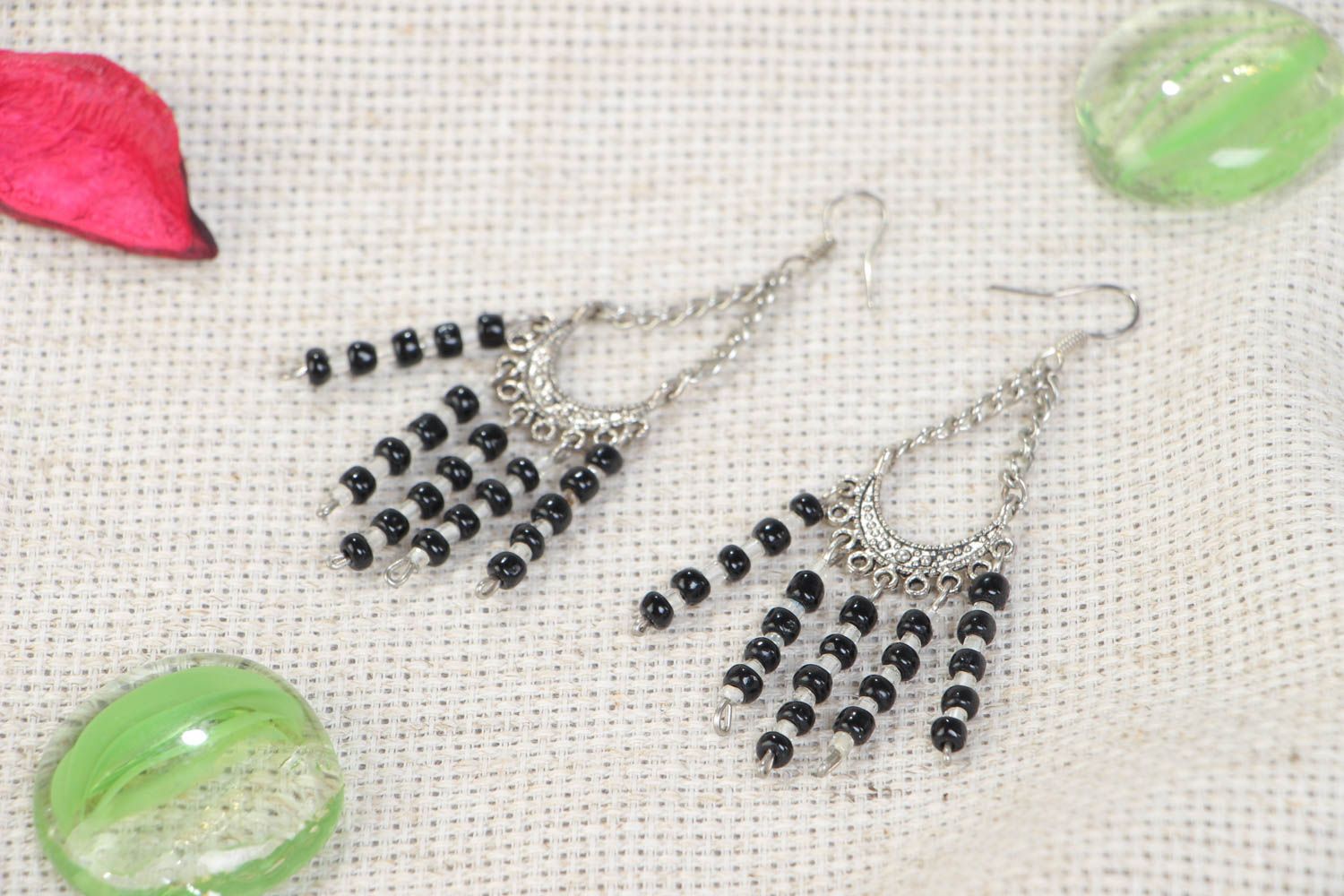 Handmade stylish long metal earrings with beads black-and-white summer accessory photo 1