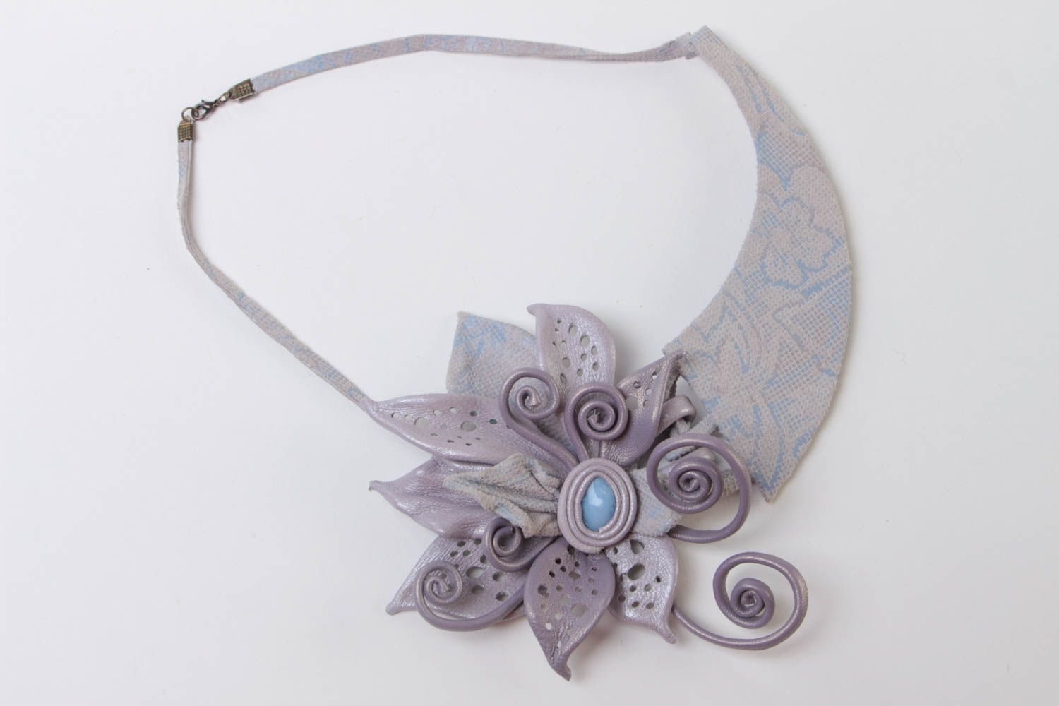 Handmade gray genuine leather flower necklace designer jewelry photo 2