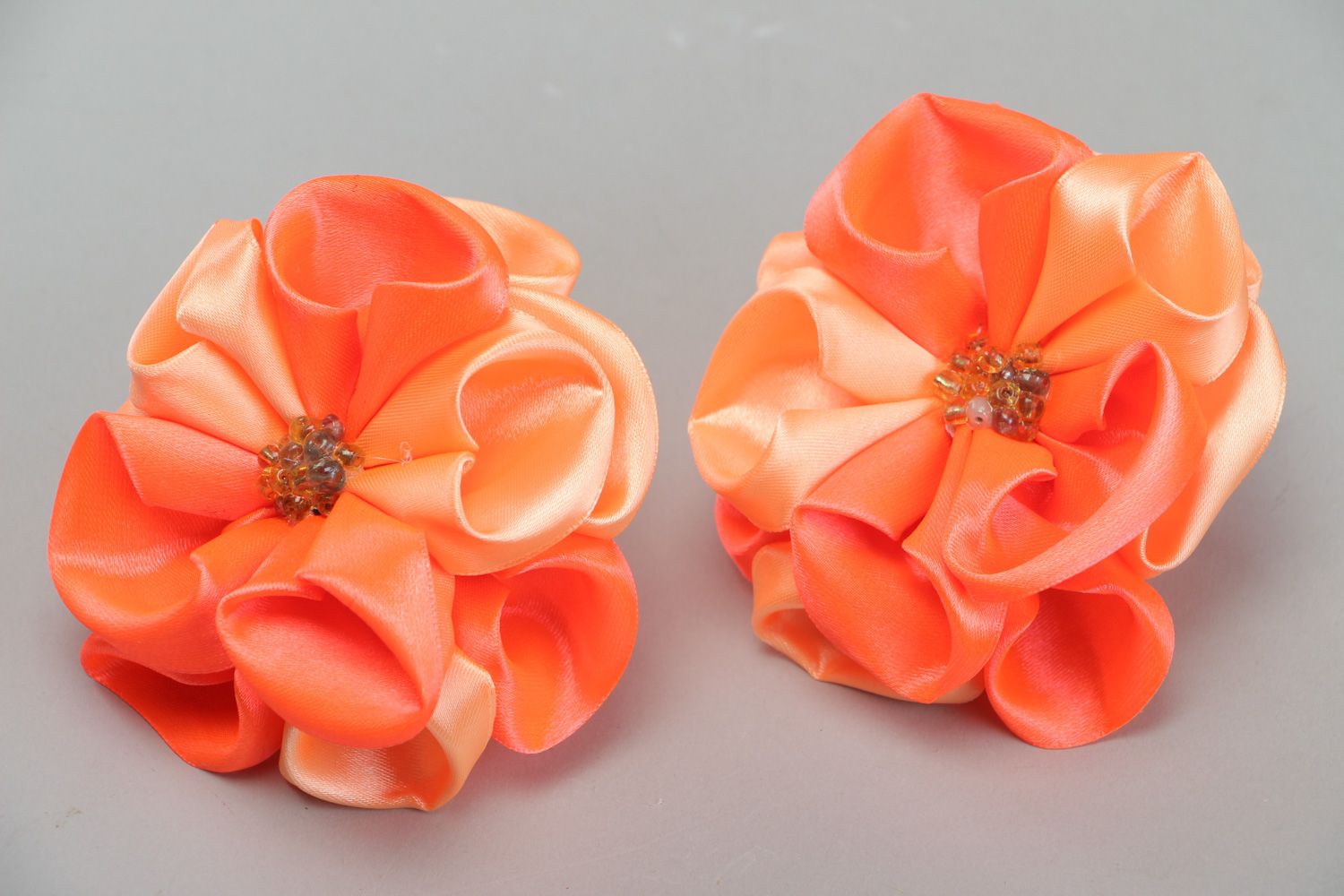 Set of handmade festive hair ties with bright flowers made of satin fabric photo 1