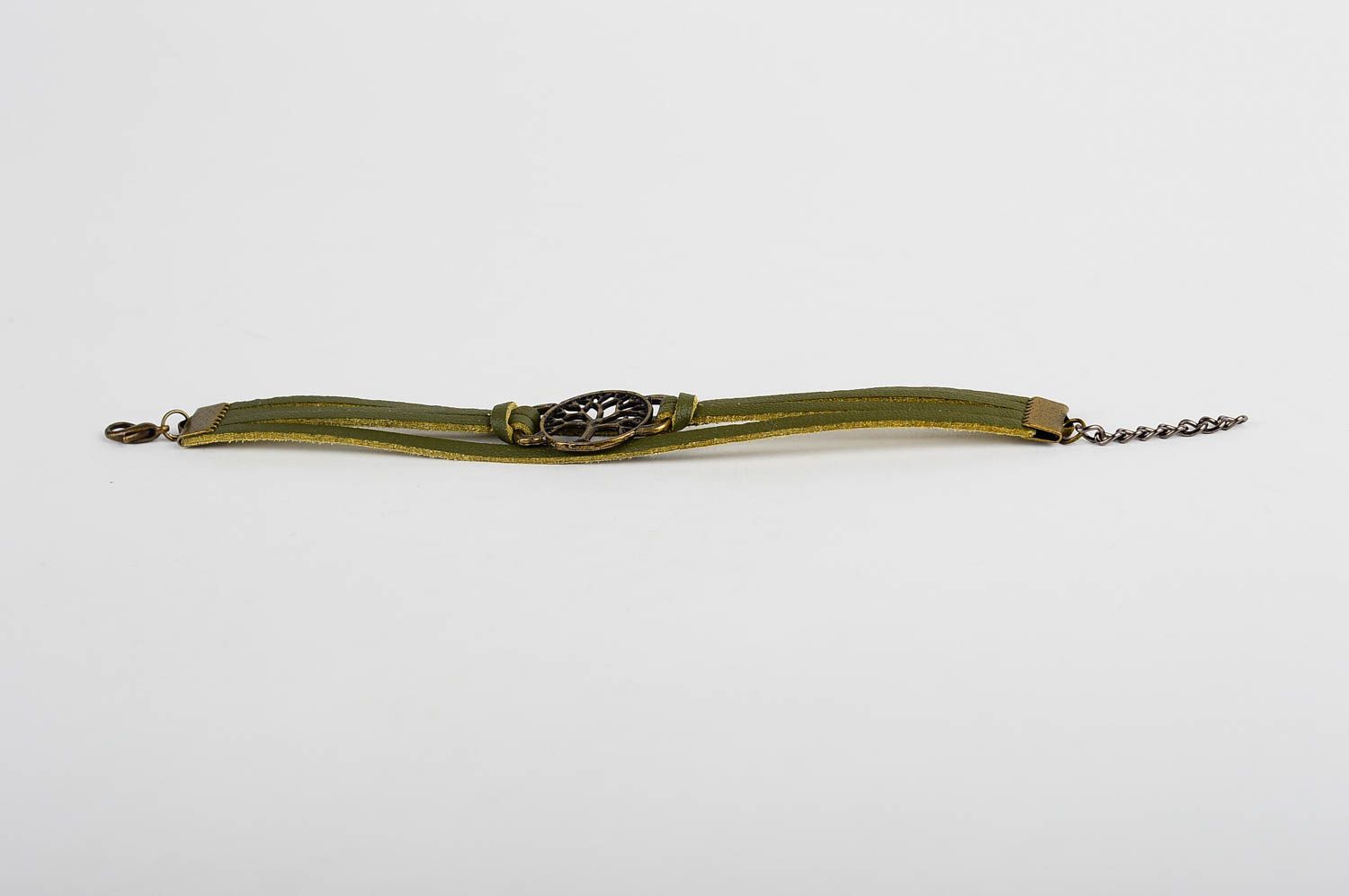 Кожаный браслет хэнд мэйд браслет на руку зеленый с металлом украшение из кожи фото 3
