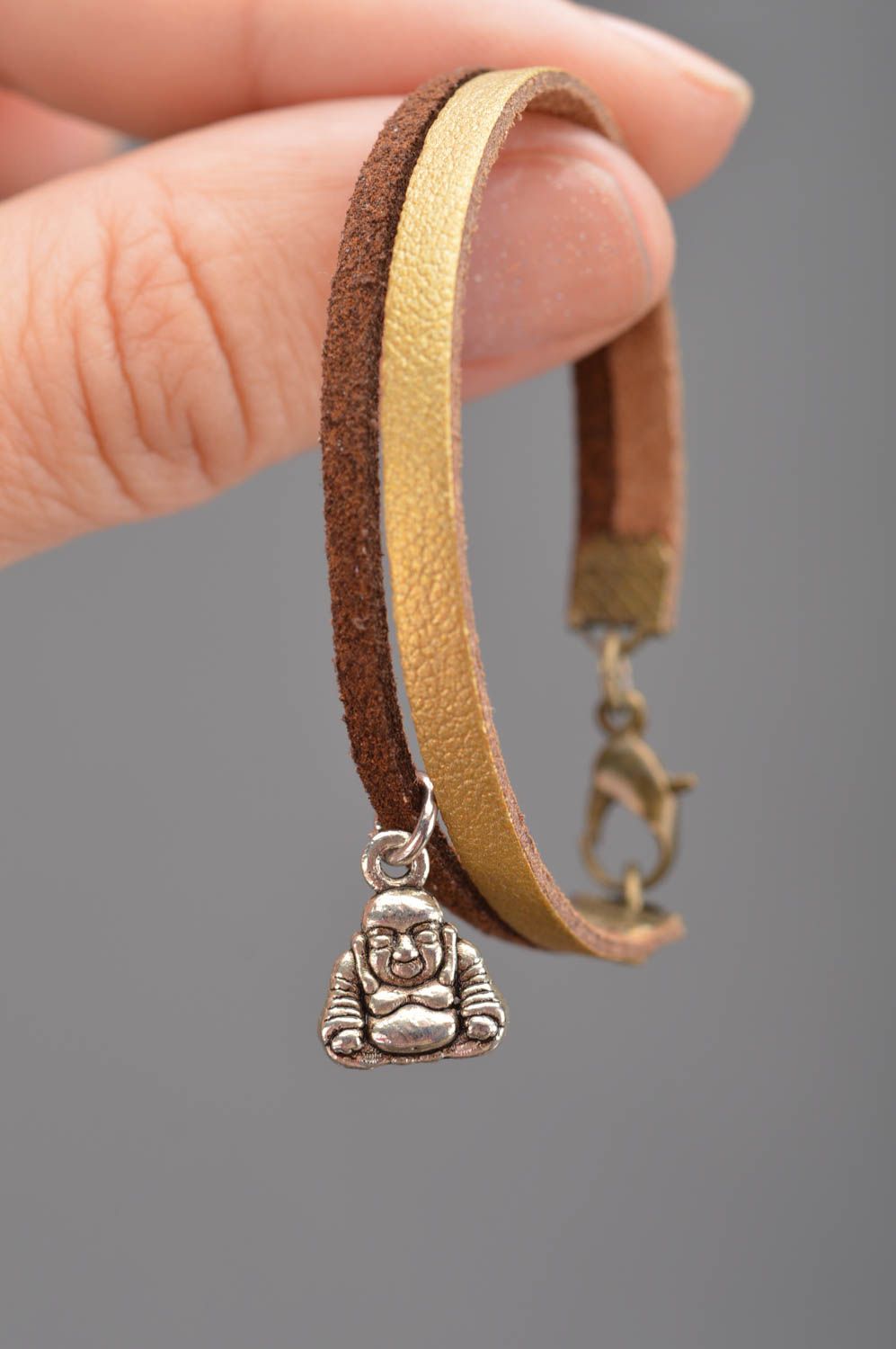 Genuine leather bracelet with charm handmade stylish accessory with Buddha photo 2